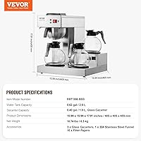 Vista 7 de VEVOR Cafetera de Goteo Comercial de 12 Tazas, Máquina Cafetera con 3 Jarras de Vidrio y 3 Platos Calentadores, Cafetera de Acero Inoxidable