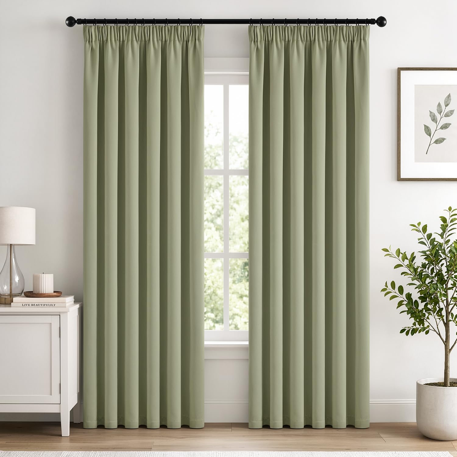 Woaboy Rideau occultant Galon fronceur 2 Pièces L140 H200 Vert Sauge | Rideau totalement occultant, isolant chaud et froid, atténue les bruits, équipé d'un galon fronceur pour salon et chambre