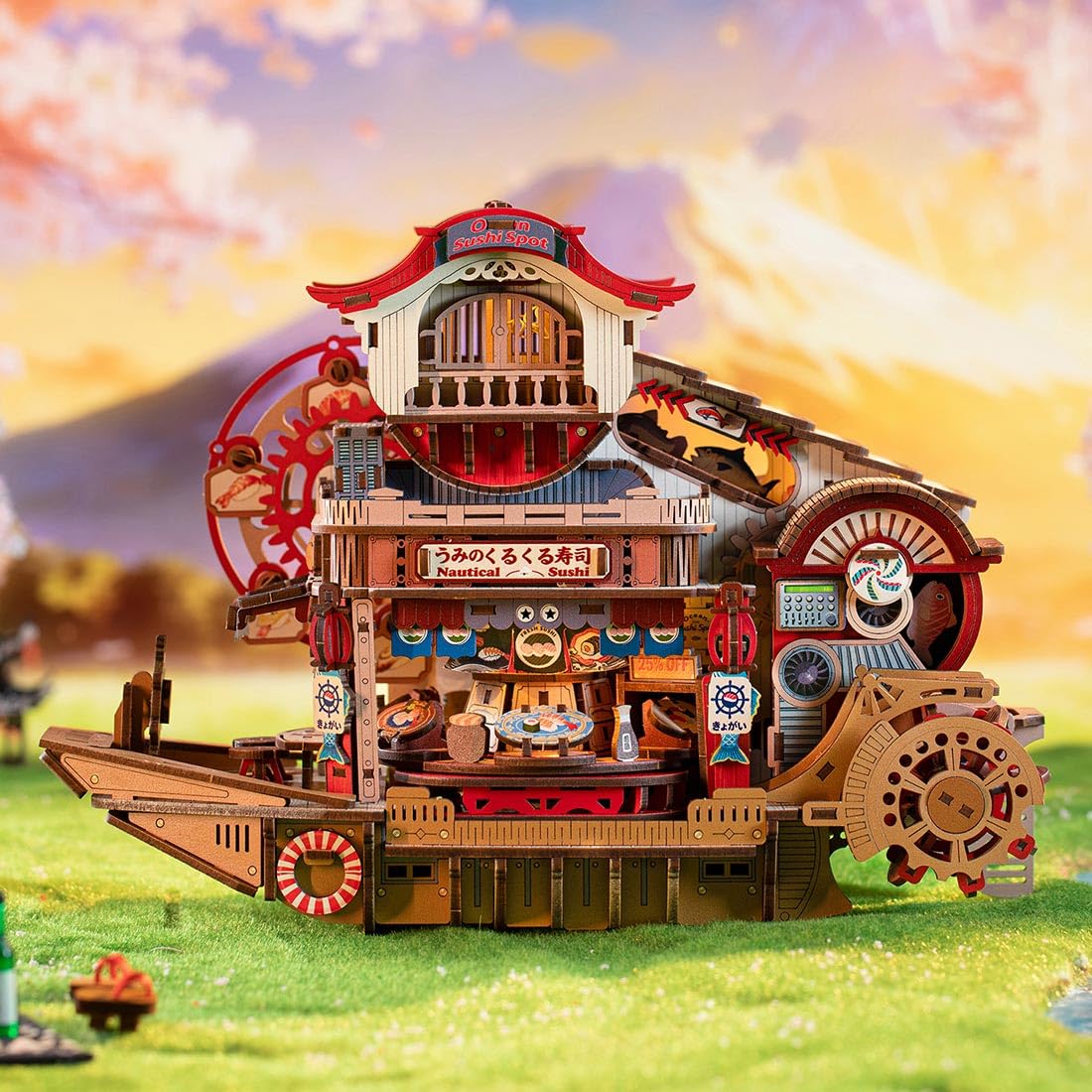 Kit fai da te, modello di barca per sushi, puzzle 3D in legno giapponese con luci e rotazione, display creativo per sushi per scrivania (425 pezzi)