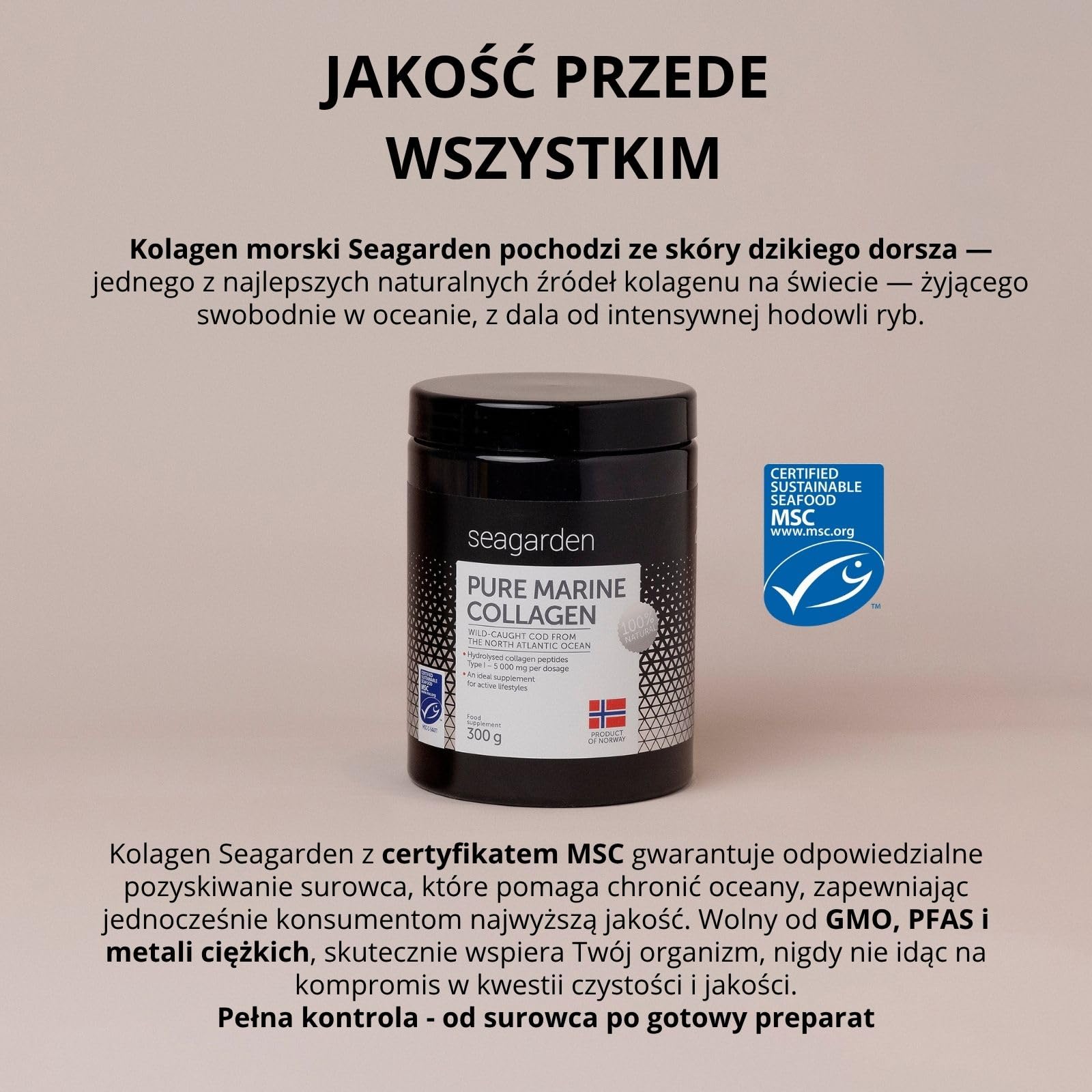 Sproszkowany norweski kolagen morski | Dzikie ryby z północnego Atlantyku | 2-miesięczny zapas | Hydrolizowane peptydy | Suplement dla zdrowej skóry, włosów, paznokci | 100% naturalny | 300 g