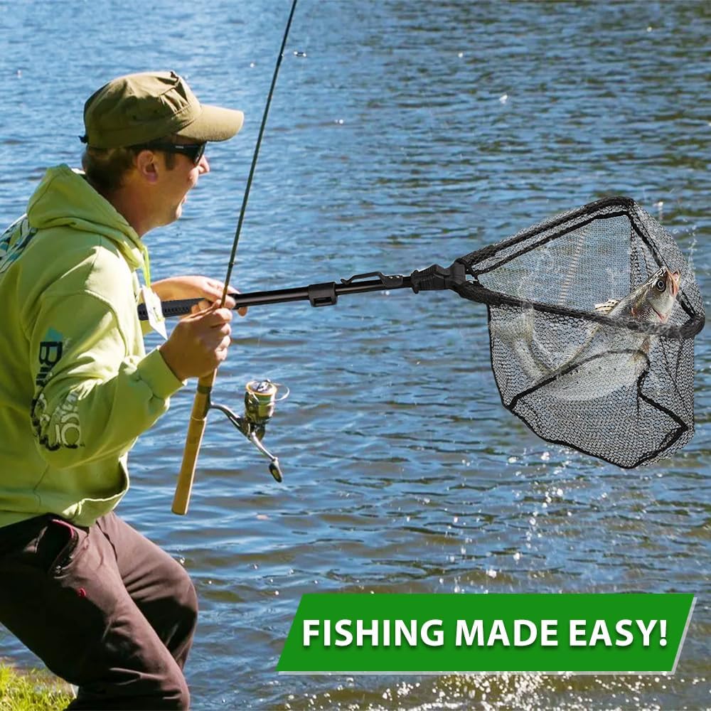 Épuisette Pêche Pliable, Caoutchouc Filet Téléscopique Landing Net Antirouille Alliage D'aluminium Nylon Filet de Pêche 95 cm avec Poignée, pour Etangs Truite Carpe Salmon Attraper et à Libérer
