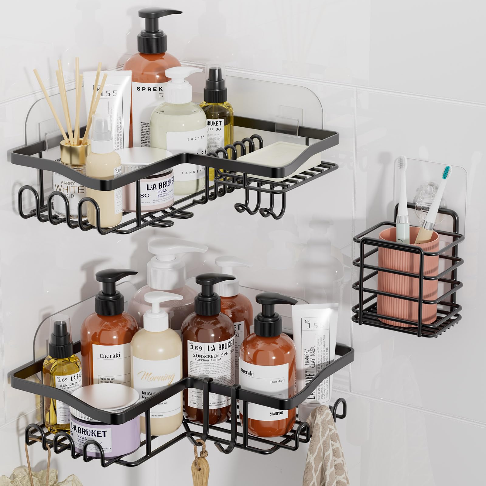AMADA HOMEFURNISHING 3 Pack Corner Shower Caddy Adhesive Shower Organizer with Soap Holder Toothbrush Holder and 15 Hooks