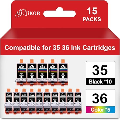 PGI-35 CLI-36 - Repuesto de tinta para cartucho de tinta 35 y 36, compatible con impresoras iP110, iP100, TR150, 15 paquetes (10 negros, 5 colores)