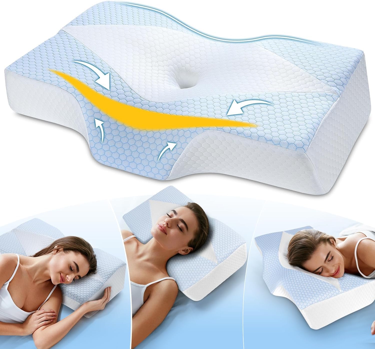 Memory Foam Neck Support Pillow for Neck and Shoulder Pain Sleeping with Cooling Pillowcase: Ergonomic Cervical Pillow 5X Pain Relief - Contour Bed Bolster Pillows for Side Back Stomach Sleepers