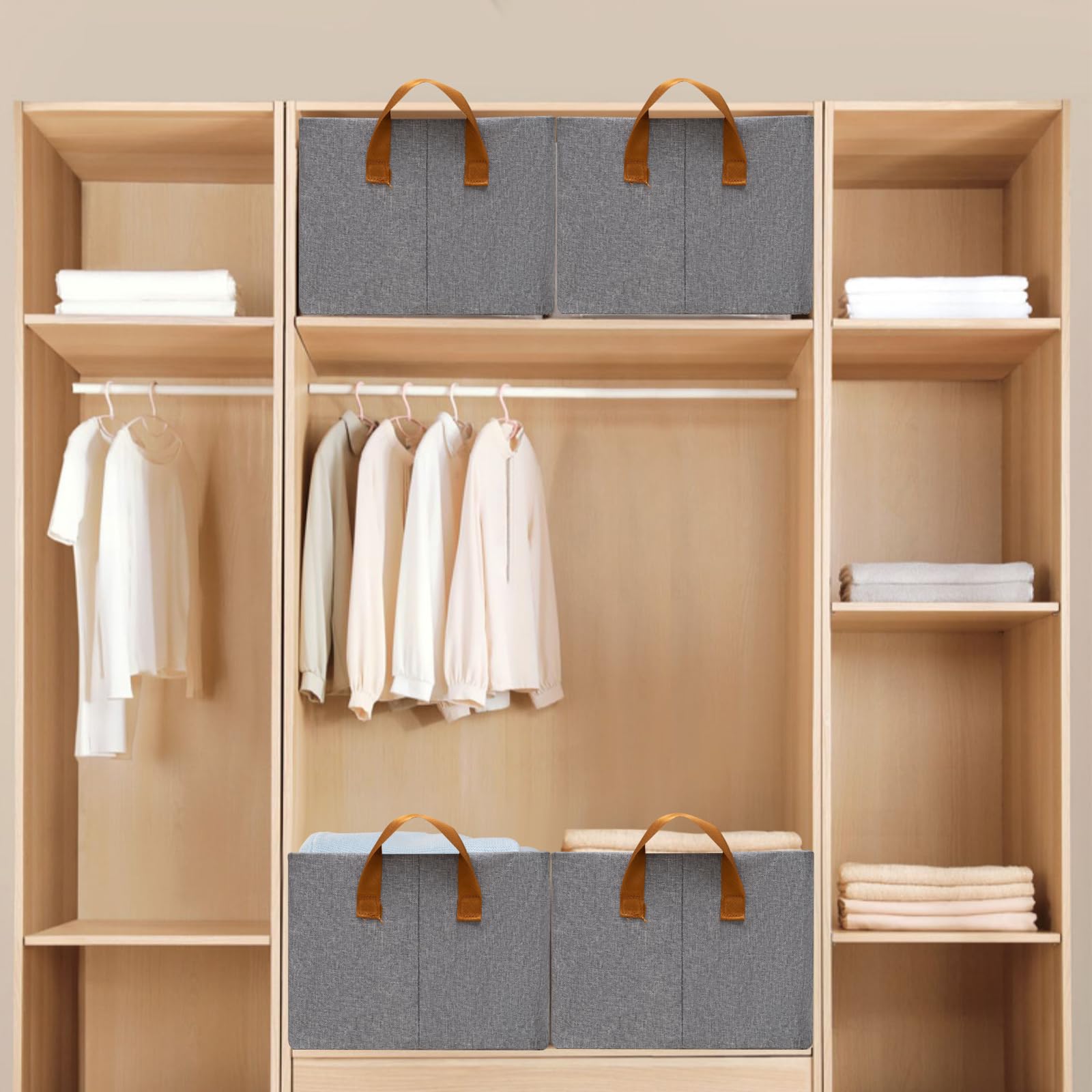 SNWDN Faltbare Stoff-Aufbewahrungskörbe mit Griff, extra groß, faltbar, Schrank-Organizer, Stoffbox, Behälter für Zuhause, Büro, Aufbewahrung (Grau, 38 x 26 x 19 cm)