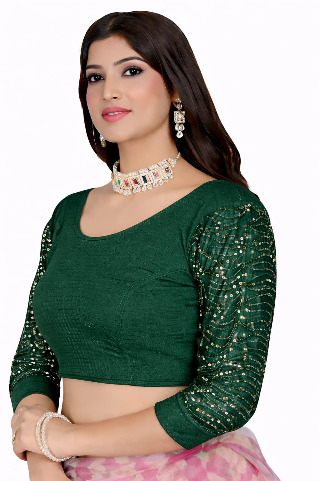 Women's Stretchable Readymade Blouse | Textured Fabric | Half Sleeve | Round Neck | Saree & Lehenga Blouse | Party, Wedding, Festive & Ethnic Wear-picture-65