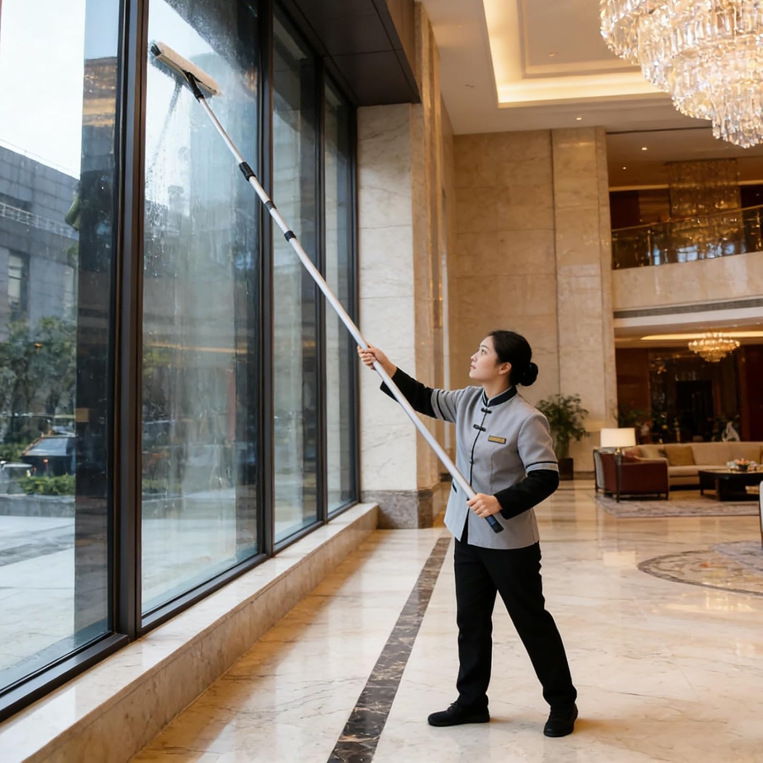 Window Washing Equipment Professional for Housekeeping, Flexible Smooth Surfaces Extension Aluminum Pole with Scrubber Head/Squeegee/Feather Duster(4.5 m (14.8 ft))