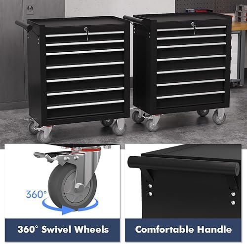 Miniatura 6 de Caja de herramientas de 7 cajones, carrito de herramientas con ruedas, armario de herramientas de alta capacidad con sistema de bloqueo para garaje,