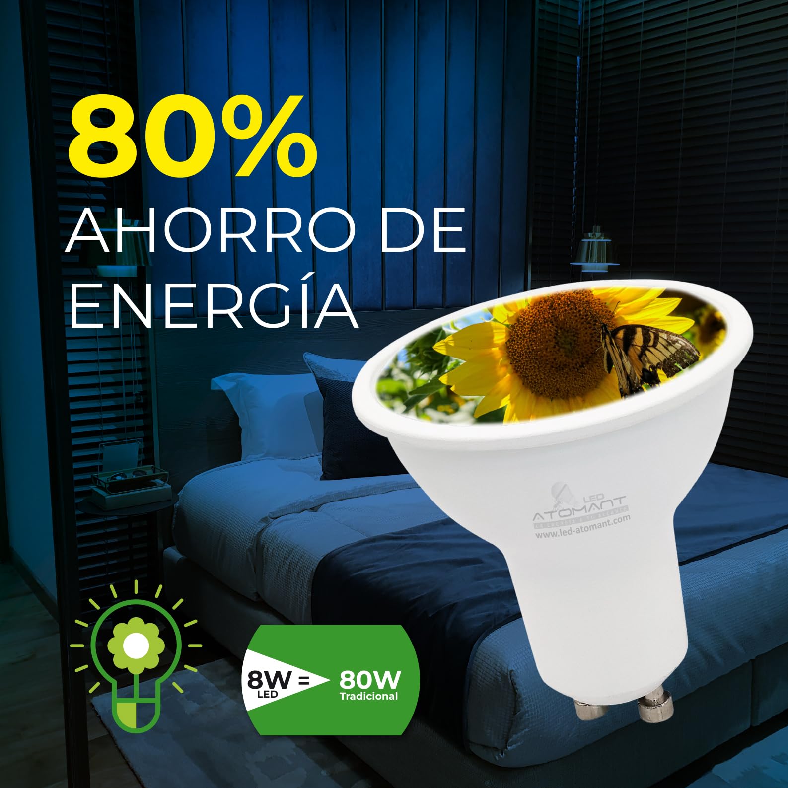LED ATOMANT Pack 20x Bombilla LED GU10 8W, Color Blanco Frio (6500K), 800 Lumenes, Equivalente a 80W tradicional