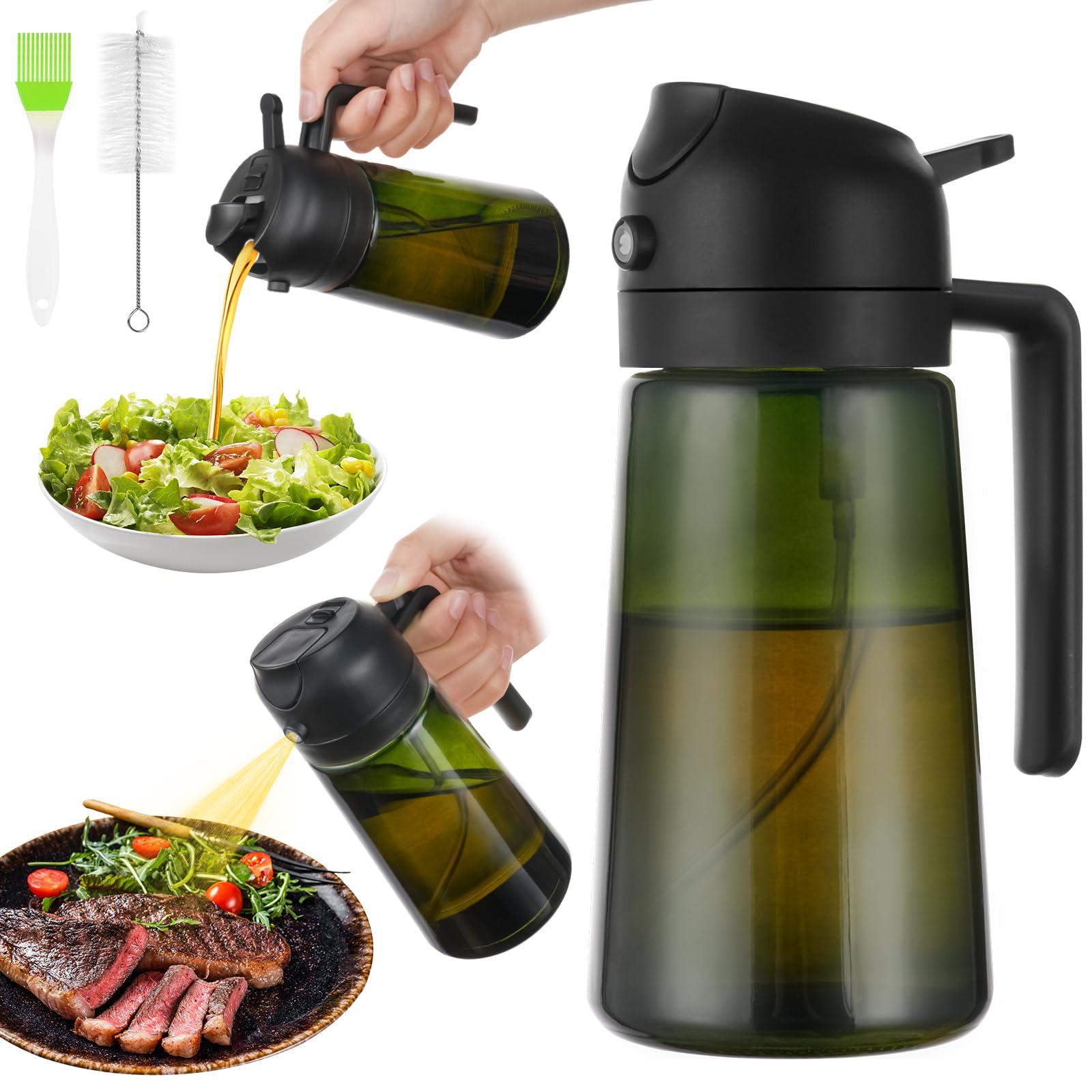 Vaporisateur Huile Cuisine 470 Ml 2-en-1 – Verre + Brosse Silicone/Métal, Pulvérisation Fine & Versement, Anti-UV – Pour Air Fryer, BBQ, Salades