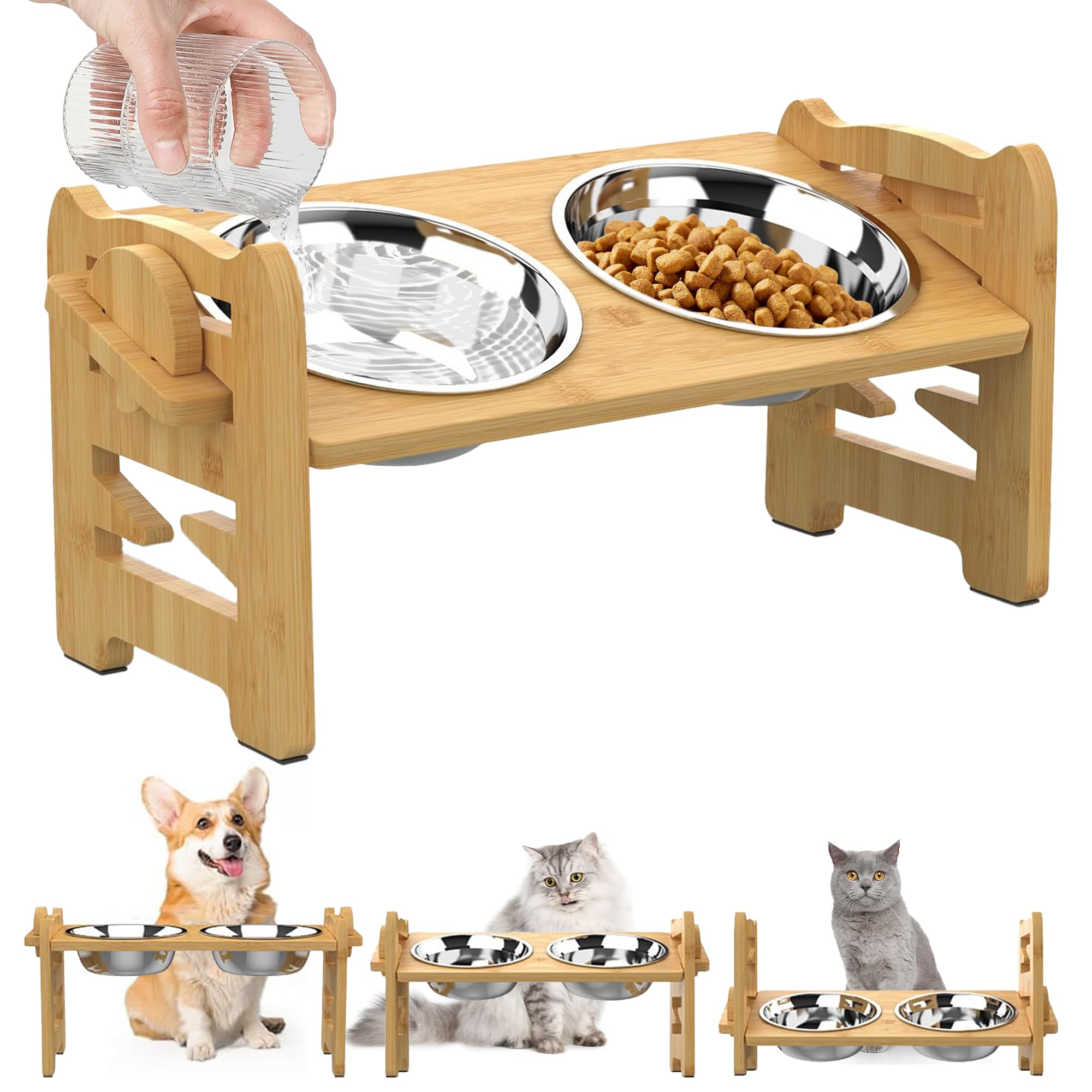 Adjustable Elevated Dog Bowls Raised Dog Bowl Natural Bamboo Stand with 2 Stainless Steel Dog Food Bowls Non-Slip Dog Feeder for Small Dogs and Cats
