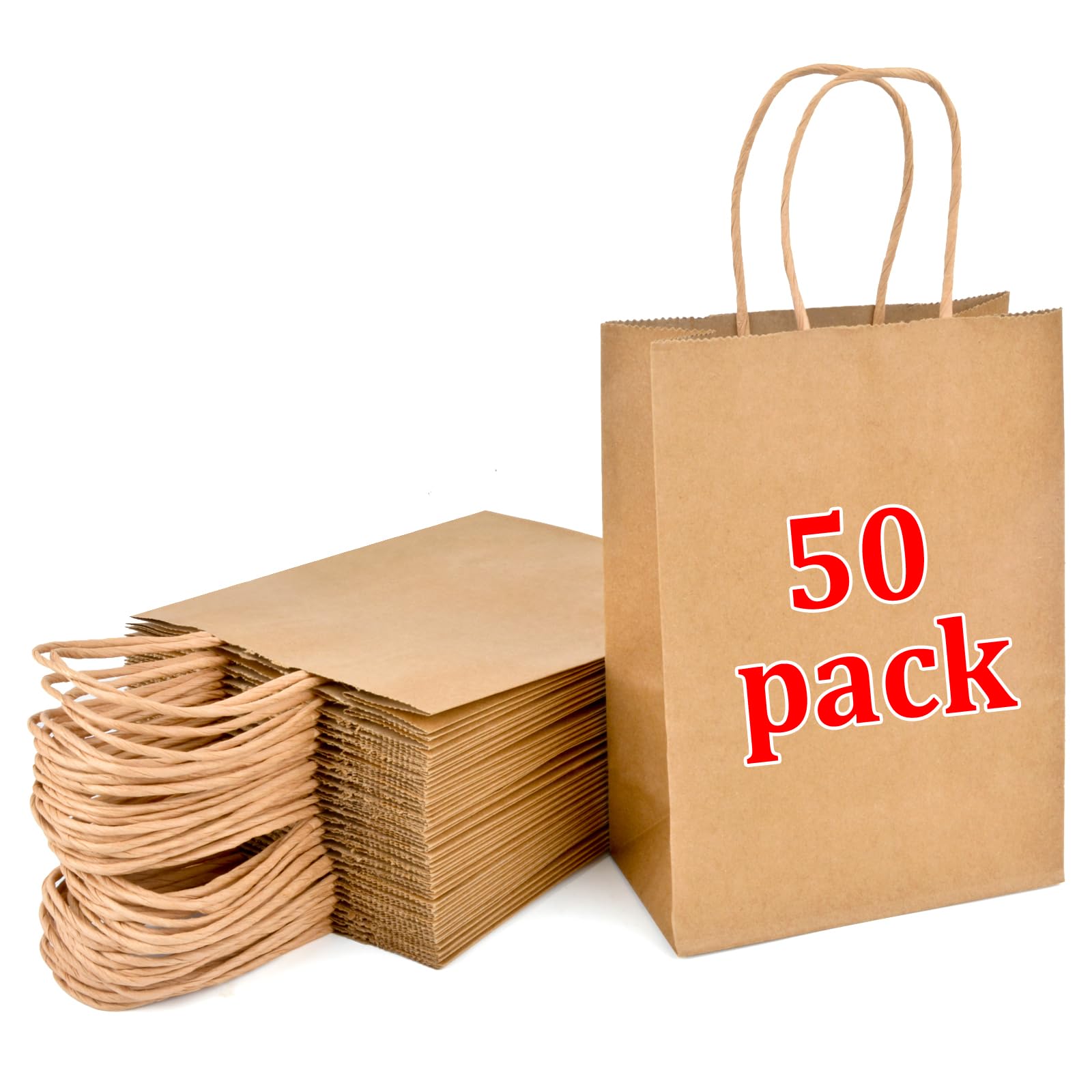 YFZYT 50 Pcs Brown Paper Bags With Handles(8.3"x3"x 6")-Small Gift Bags for Kid Parties, Weddings, Birthdays