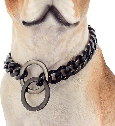 Miniatura 8 de Collar de cadena para perro, color negro, acero inoxidable pulido, eslabones cubanos fuertes, resistentes, a prueba de mordidas, collar de cadena