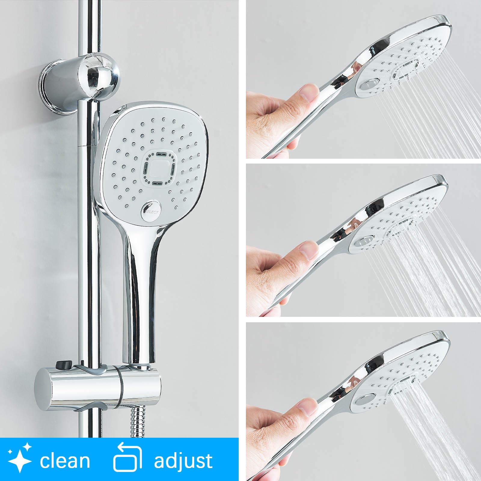 Sistema doccia cromato regolabile in altezza Doccia a pioggia con soffione a pioggia Soffione doccia e doccetta completa per bagno