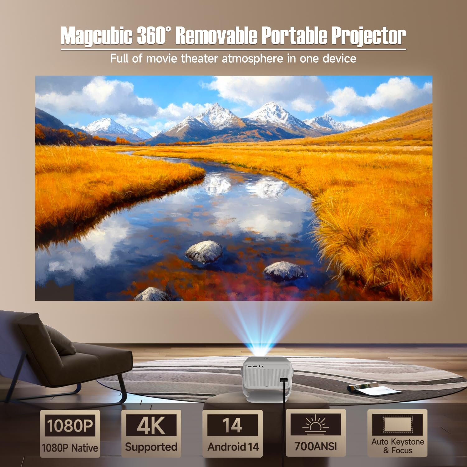 Magcubic Mini proiettore, Android 14, con 400 ANSI, nativo 1080P, supportato 4K, rotabile a 180°, WiFi 6 e BT 5.2, Auto-Trapezkorrektur, Videoproiettore per Home Cinema portatile (L018)