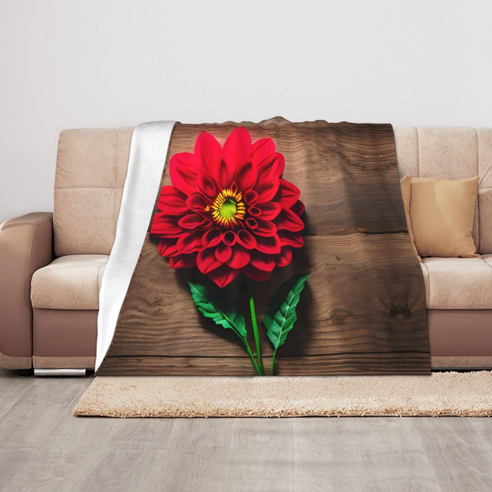 Couverture douce dahlia rouge idée cadeau originale plaid rétro 127cm
