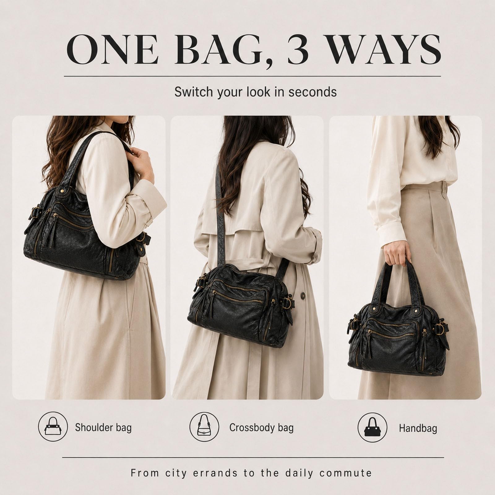 Bolso Mujer Grande, Tote Bag Vintage en Cuero PU, City Bag para Viaje