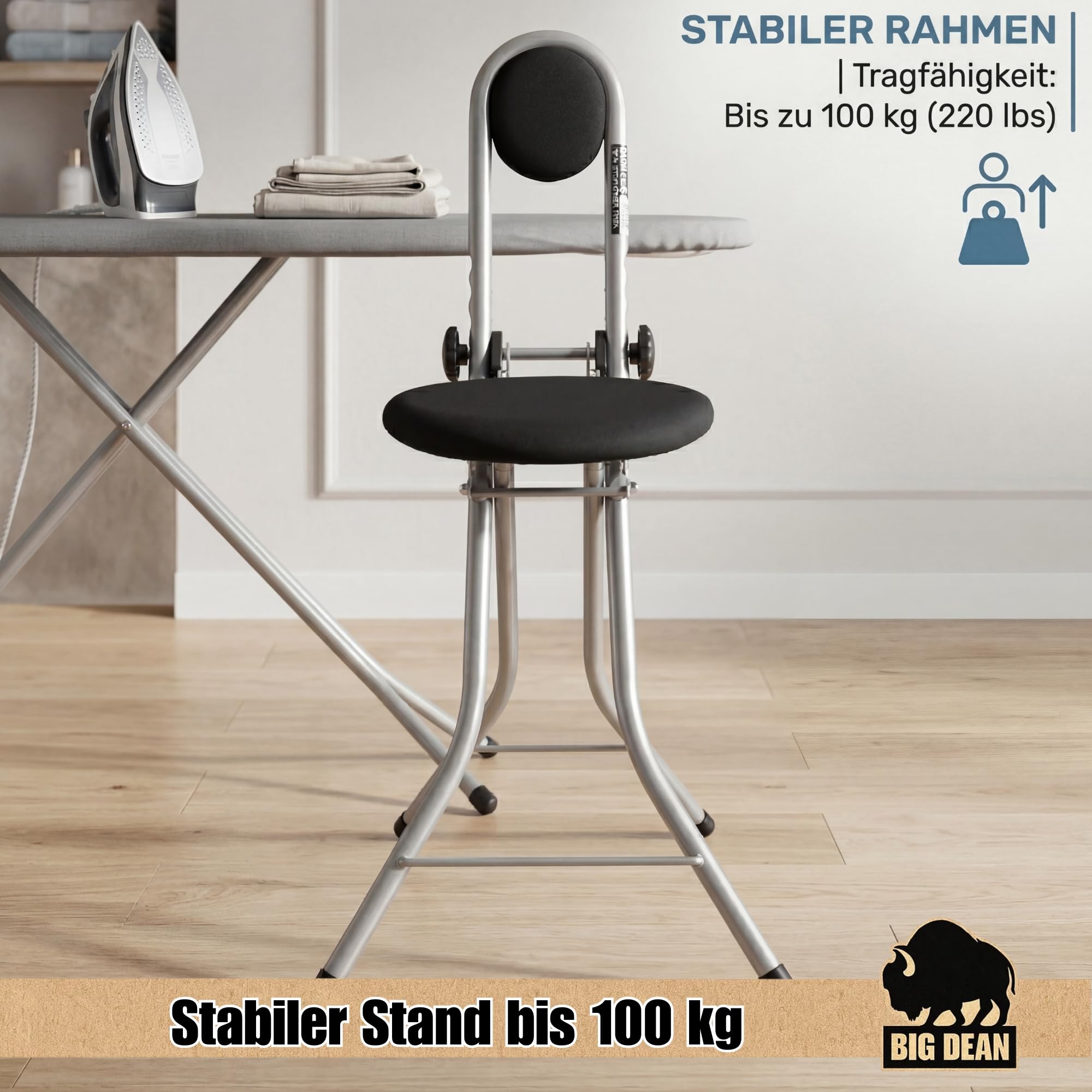 BigDean Bügelstehhilfe Stehhilfe Stehstuhl 4-Fach Höhenverstellbar Klappbar Ergonomisches Sitzen mit Rückenlehne