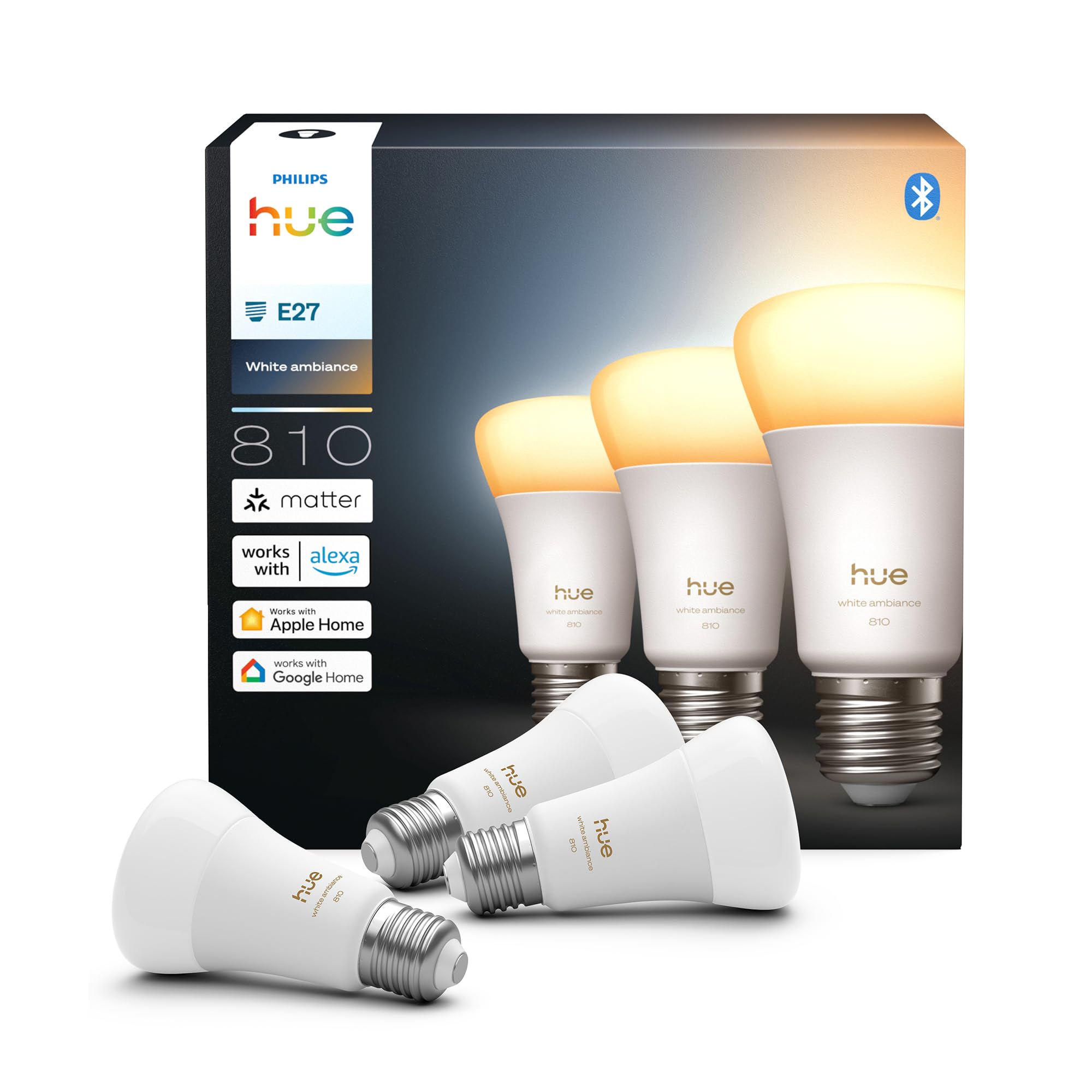 Philips Hue Ampoule LED connectée A60, White Ambiance, Culot E27, 6 W, Spectre complet 1000-2000 K, 810 lumens, Intensité variable, Compatible avec Alexa, Google Assistant et Apple Home, pack de 3