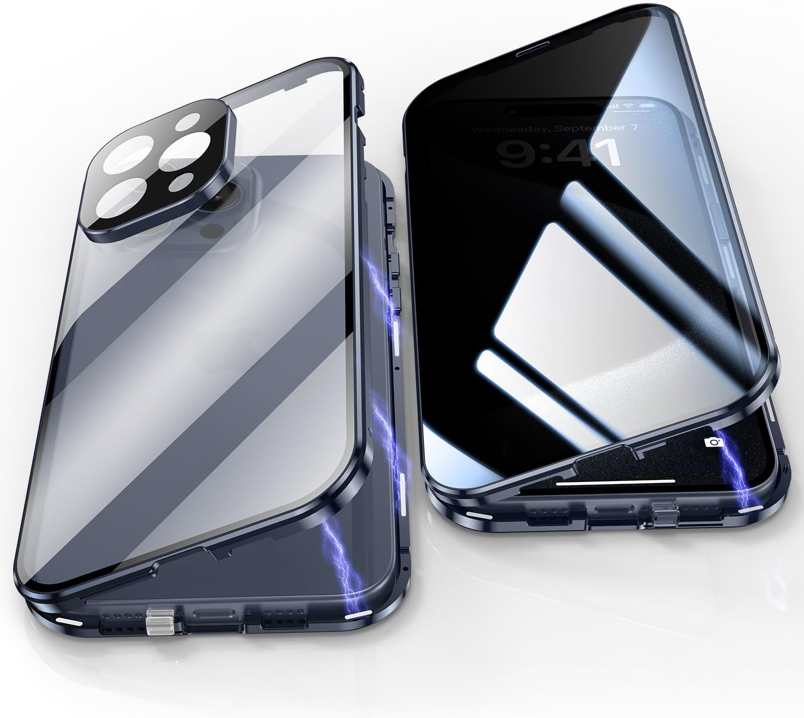 Jonwelsy Anti Peeping Case for iPhone 15 Pro Max (6.7"), 360 Degree Front and Back Privacy Tempered Glass Cover, Anti SPY Screen, Anti Peep Magnetic Adsorption Metal Bumper for 15 Pro Max (Blue)