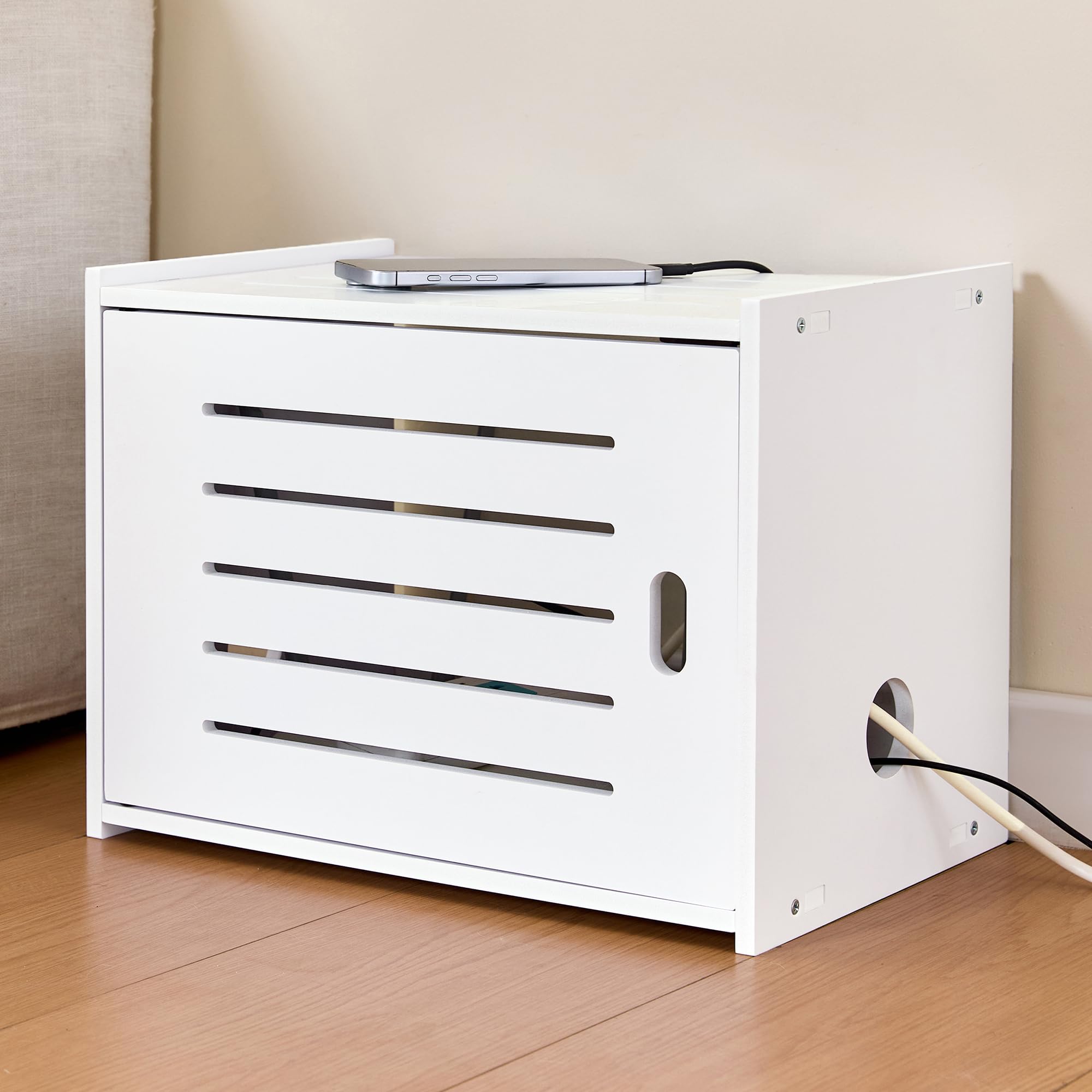 Router Modem Storage Box for Home Office Desks, TV Stands, and Hotels—Seamless Side Panel Design, Cable Management—White WiFi