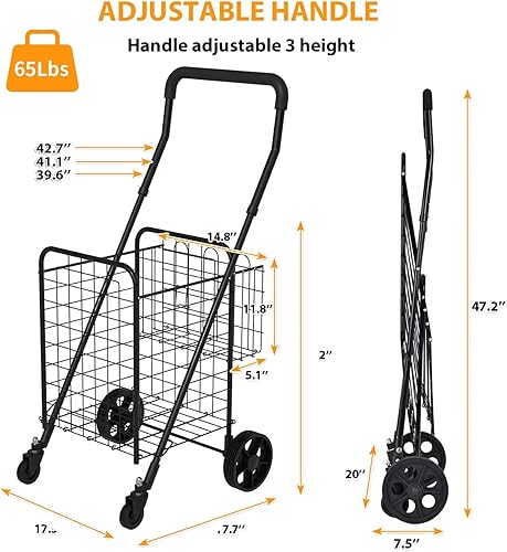 Miniatura 6 de Carrito de compras de comestibles con ruedas giratorias de 360, carrito plegable con carrito fácilmente plegable con cubierta de espuma extendida,