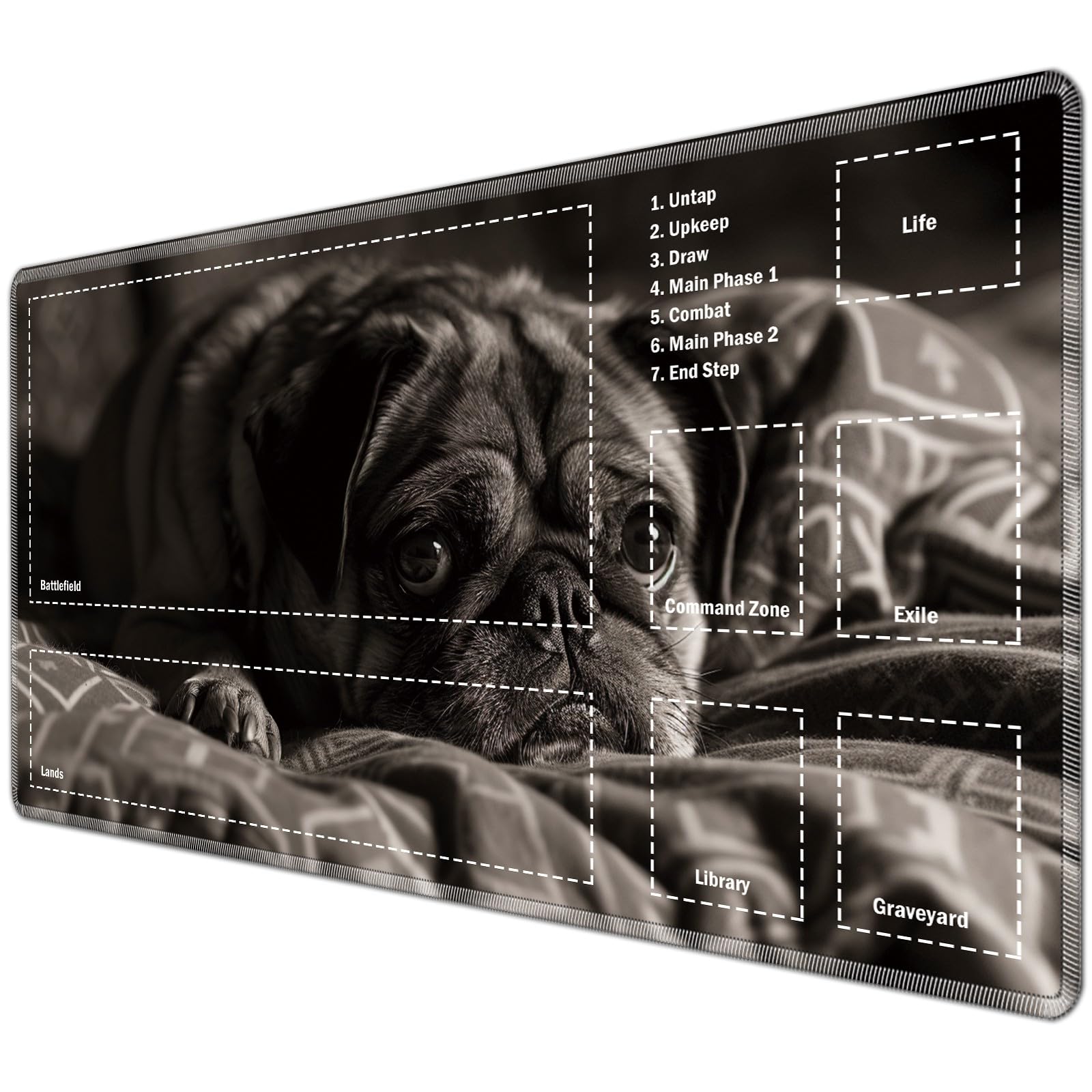 JANENFNA TCG Playmat with Magic Zones 24 x 14 inches Mousepad Compatible for MTG Trading Card Game Play Mats Smooth Rubber Surface Magic The Gathering Play Mat, Pug