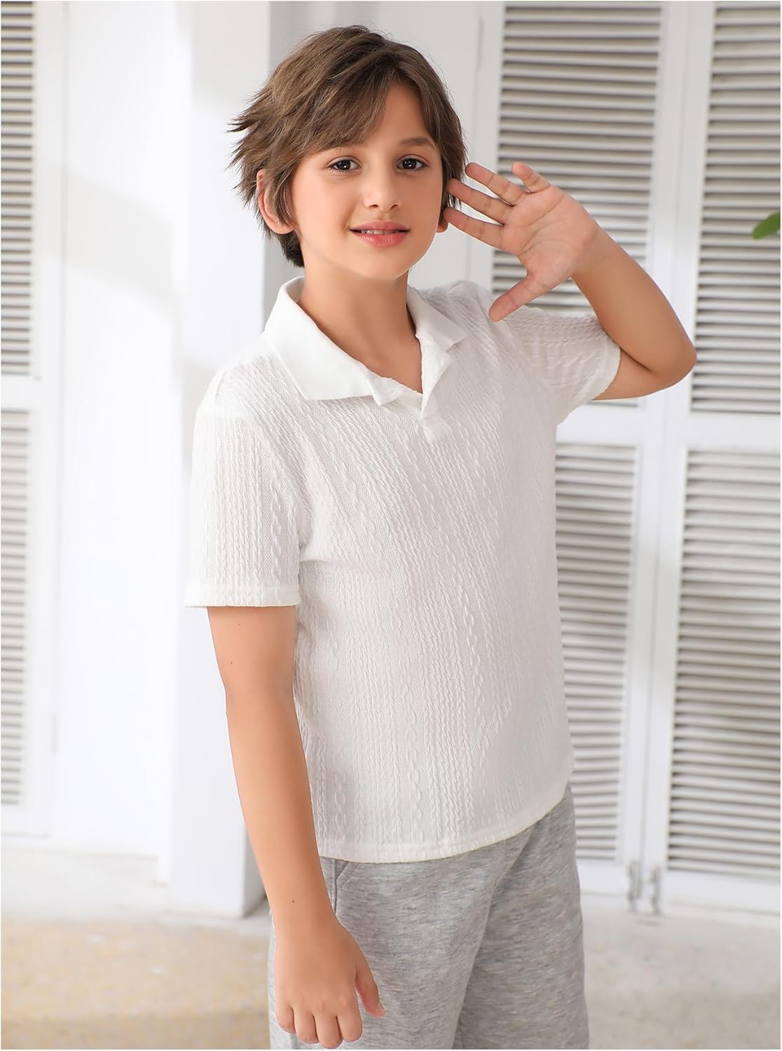 Verdusa Boys Button Down Shirt Tops Short Sleeve Collar Textured Tee Shirts - Image 4