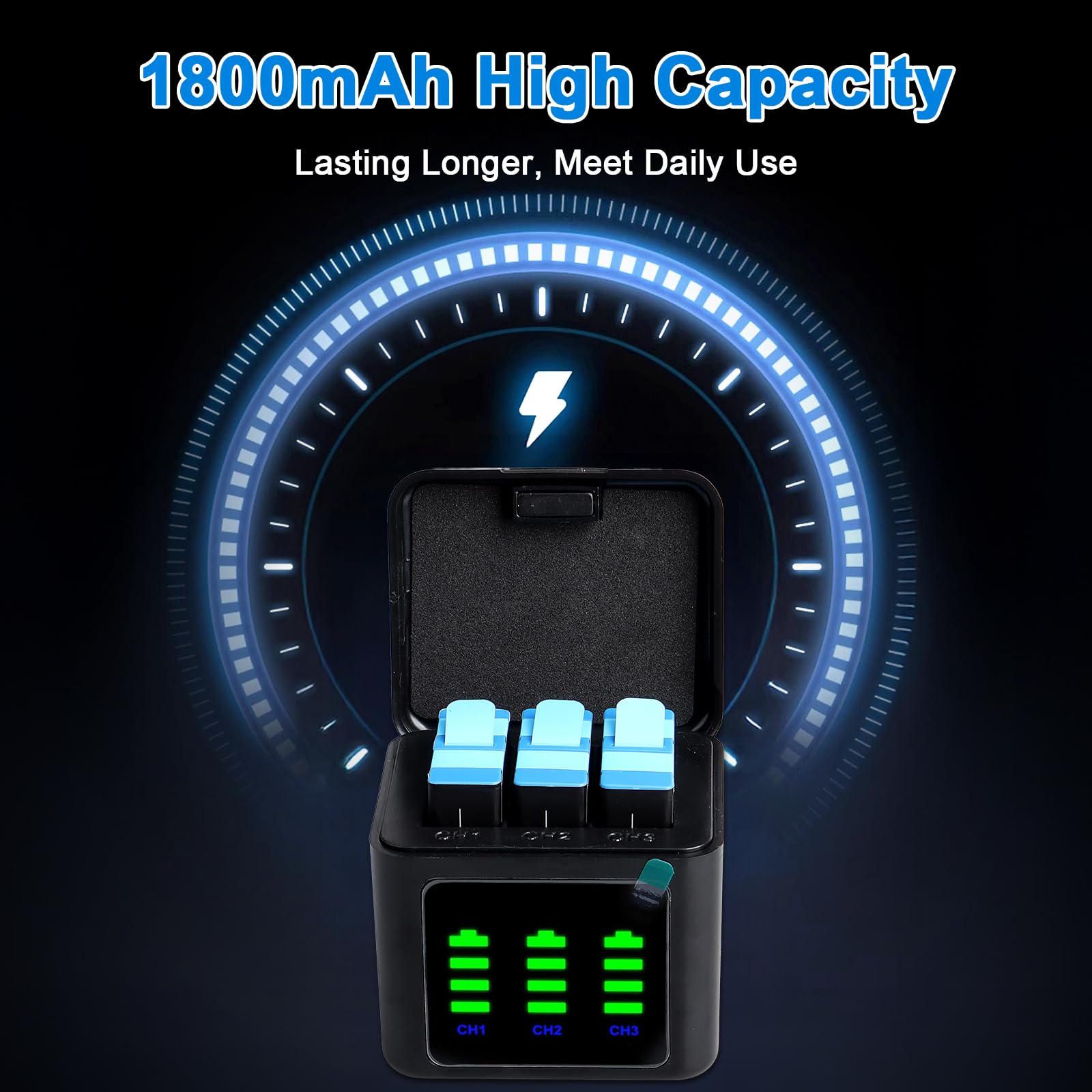 Batterie e Caricatore Compatibili con GoPro Hero 12 11 10 9 Black - 3x 1800mAh Alta Capacità con Custodia di Ricarica 3-in-1 e Cavo Type-C