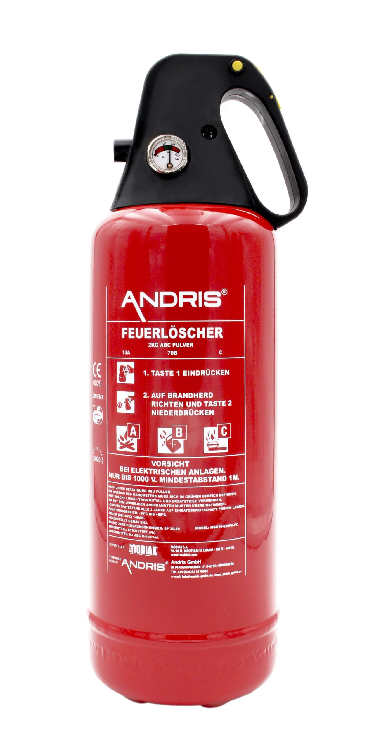 Auto Feuerlöscher 2kg ABC Pulver mit praktischer Griffhaube und KFZ Halter EN3, inkl. ANDRIS® Prüfnachweis