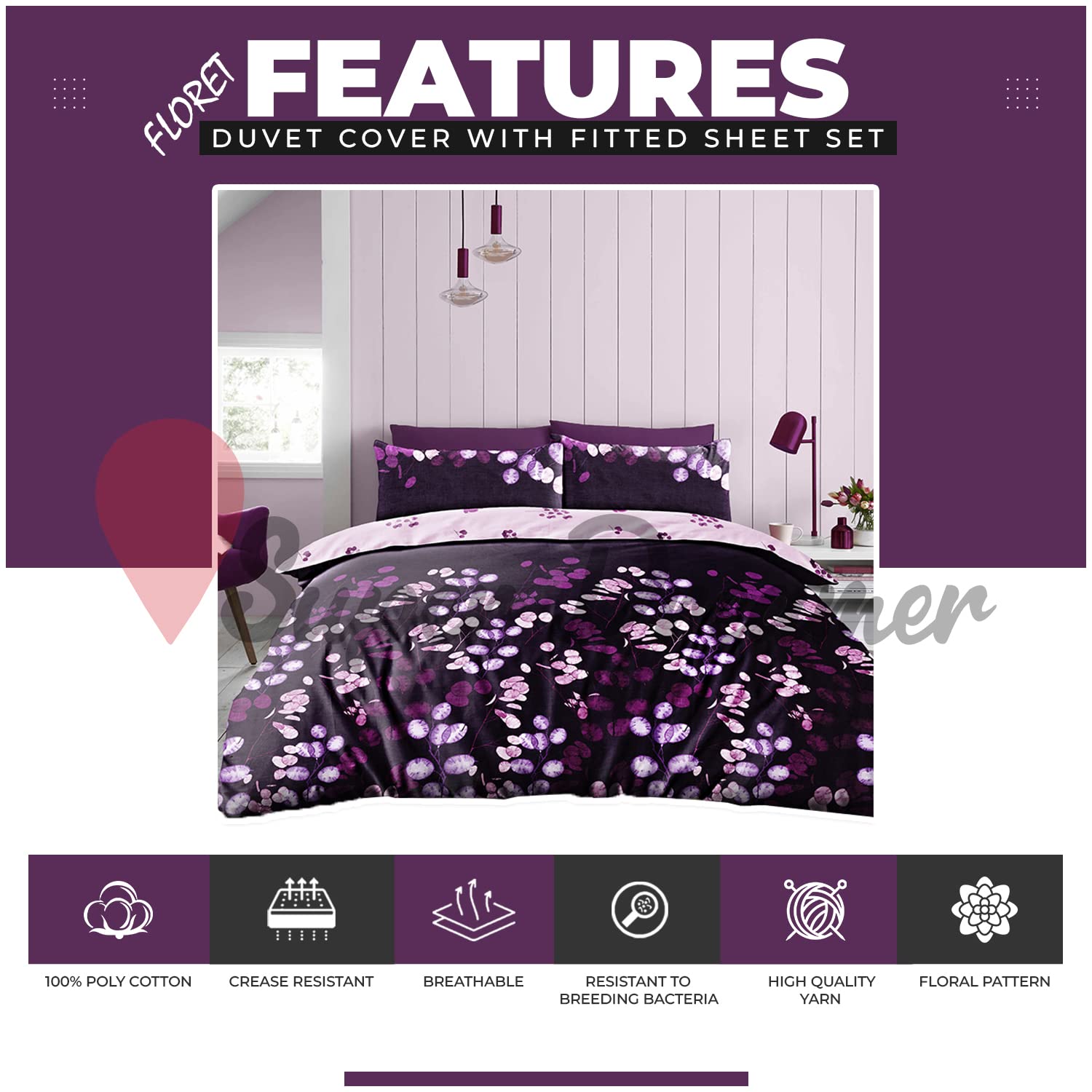 Super Dreamer 4 Piece Leaves Duvet Covers Double, Reversible Comforter Cover With Pillowcases & Fitted Sheet - Image 3