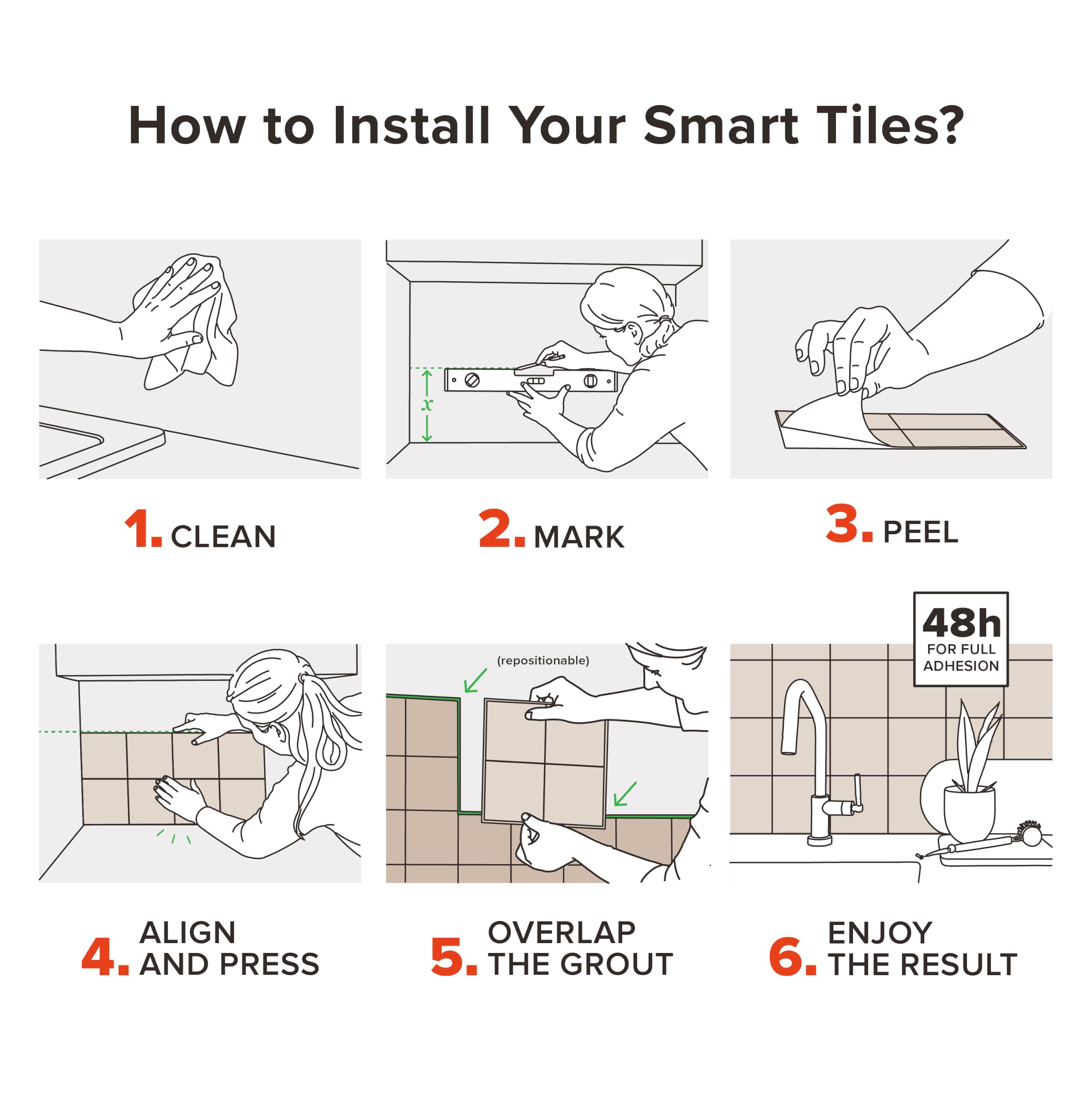 Smart Tiles Crédence adhésive pour cuisine et salle de bain, sticker carrelage mural, carreaux beige, gris et blanc autocollants, lot de 5 feuilles, 25,91 x 23,11 cm