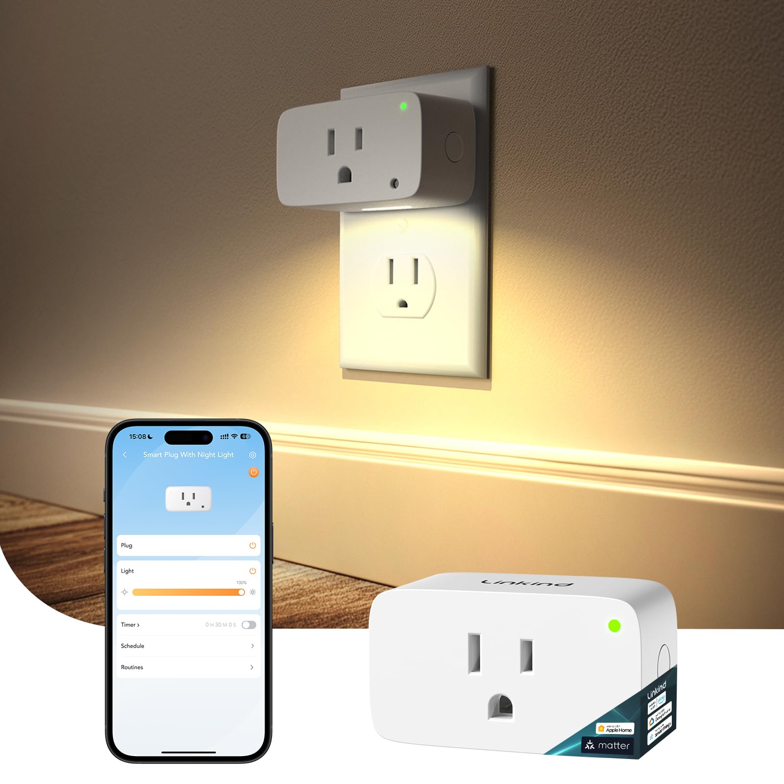 Linkind Matter Smart Plug with LED Night Light Work with Alexa Apple Home Google Smart Outlet 15A 1800W