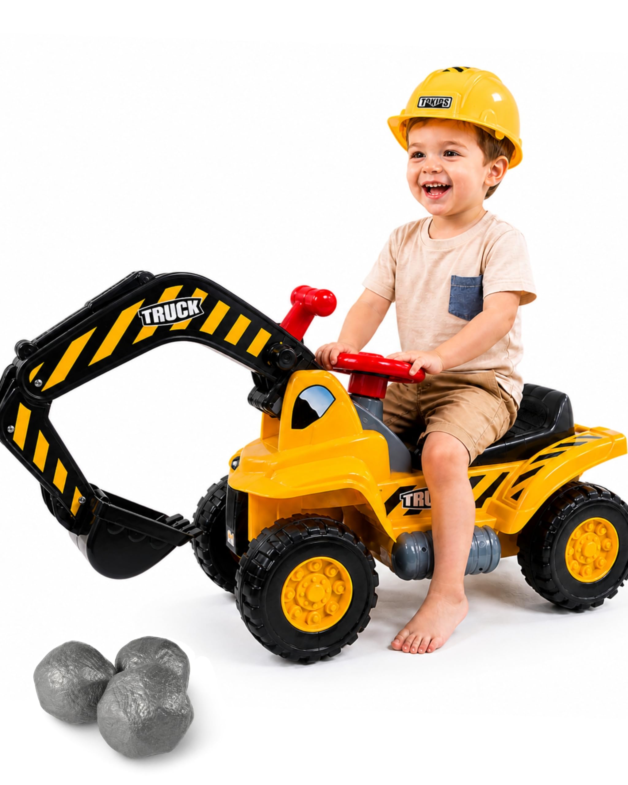 Escavatore per bambini dai 2 anni in su, con suoni, volante, stoccaggio, elmetto giocattolo e 3 rocce