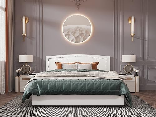 Miniatura 14 de BONSOIR Base de cama tapizada de tamaño matrimonial con plataforma tradicional tapizada de perfil bajo con cabecera copetuda y clavos, no necesita