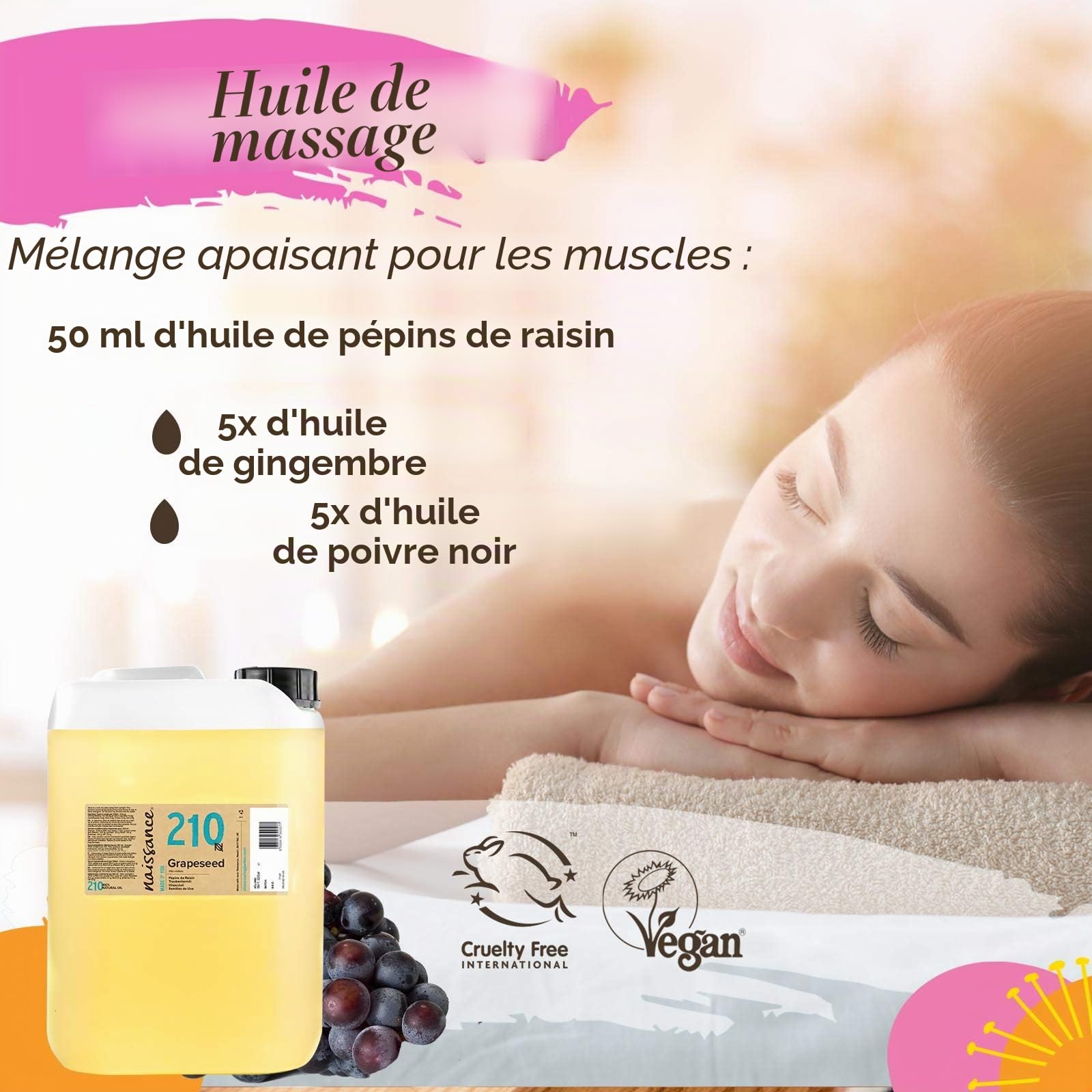 Naissance Huile de Pépins de Raisin (No. 210) - 5 litres - Pure et Naturelle, Huile Légère, Fine et Soyeuse - pour le Soin de la Peau ou les Massages