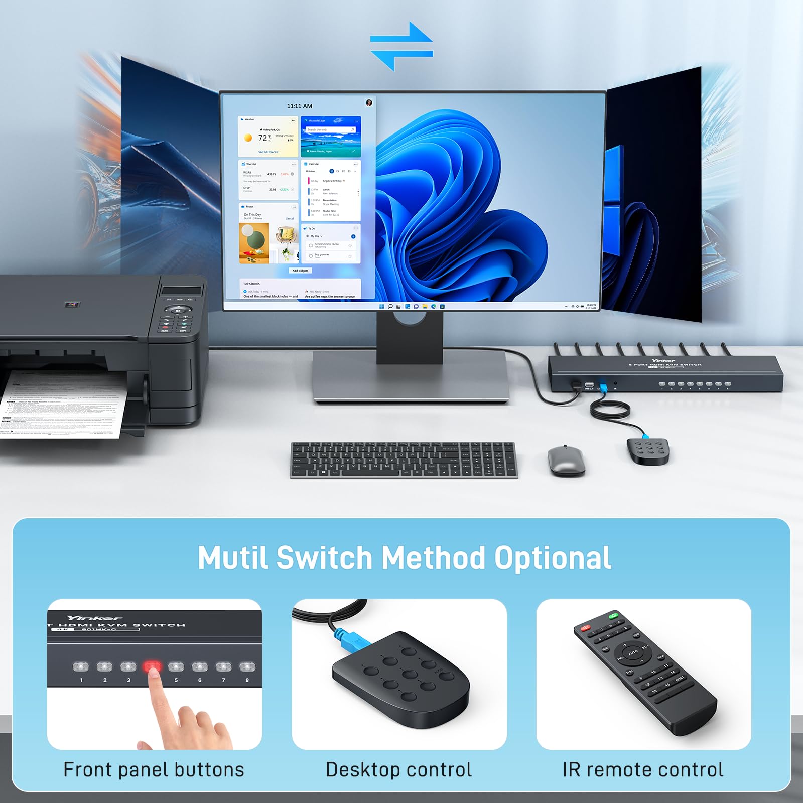 Conmutador KVM HDMI 8 Puertos Yinker 4K @ 30Hz Rack USB HDMI Consola KVM 8 en 1 Salida con 9 Cables 4 Hub USB 2.0 Selector de Escritorio Control Remoto IR y Orejas