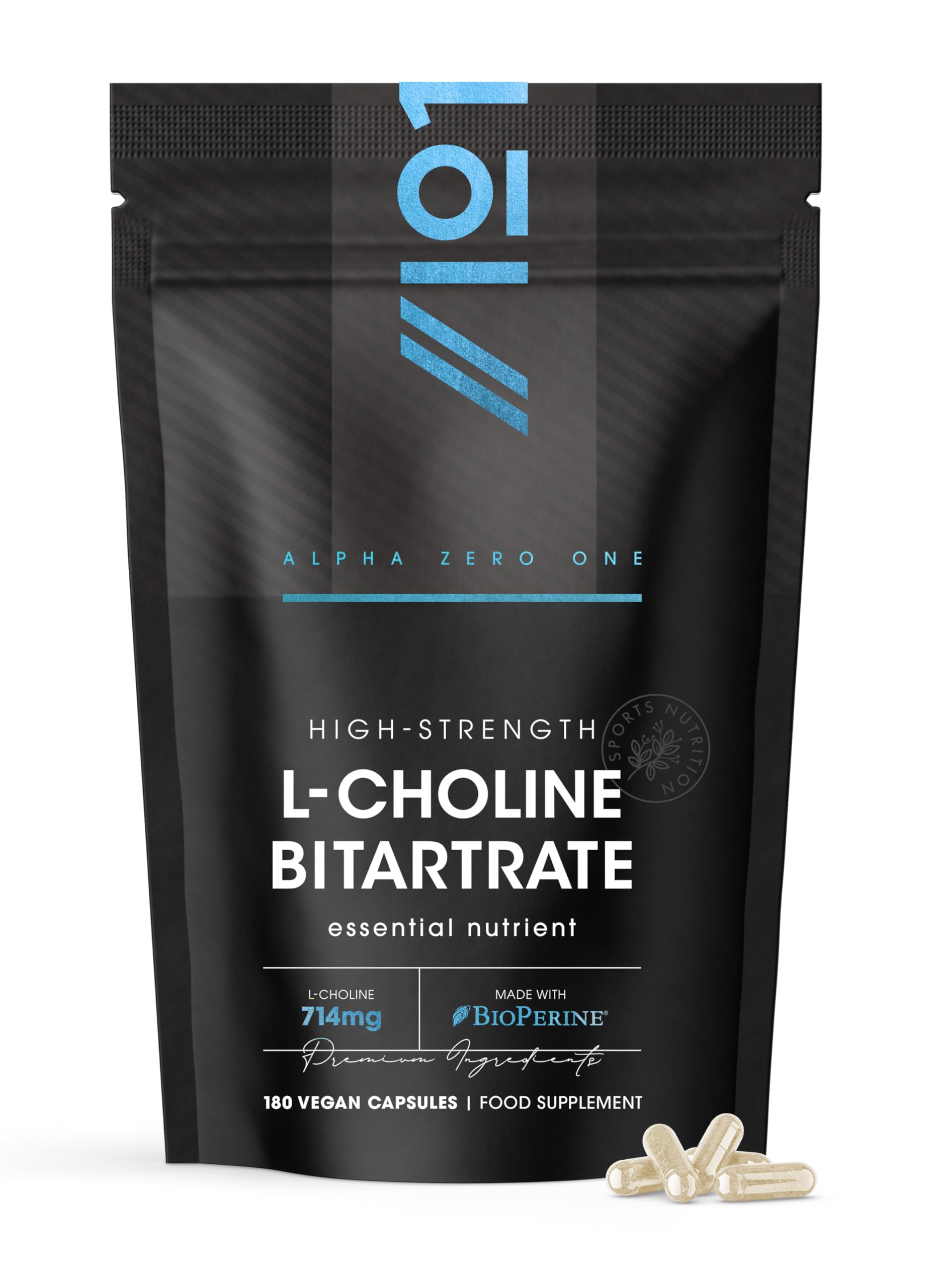 Choline Bitrate 714mg – 180 Vegan Capsules – Supports Liver Health – BioPerine® Advanced Absorption – Resealable and Recyclable Pouch by Alpha01