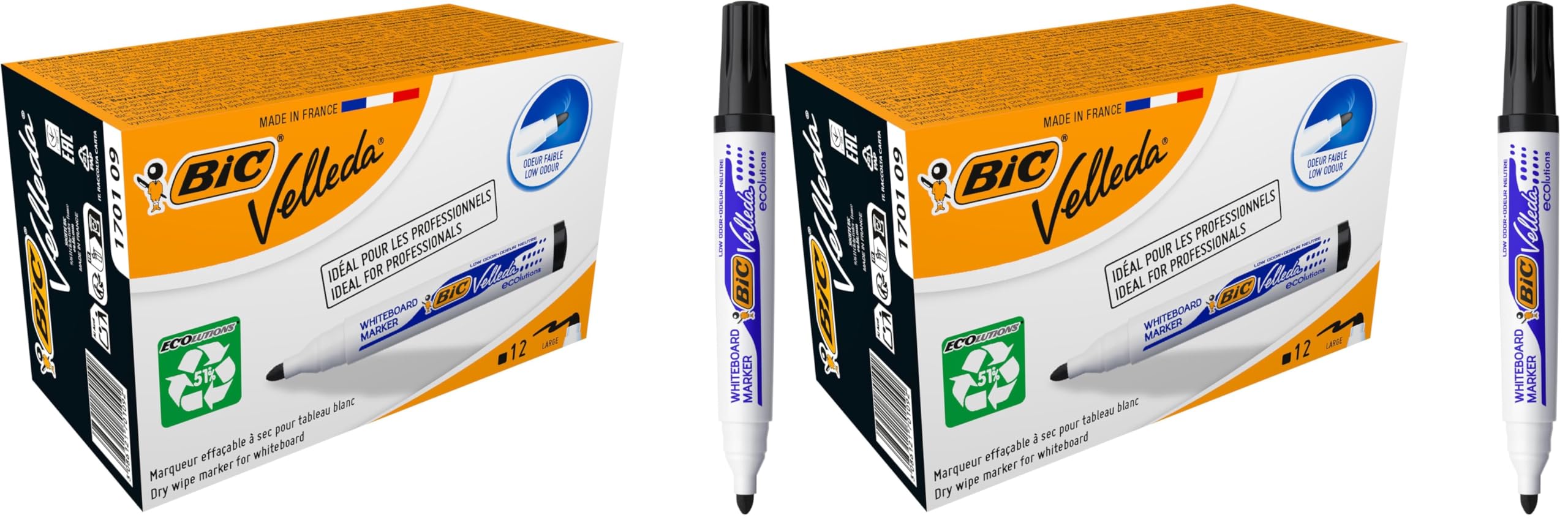BIC Velleda Marking Rotuladores para pizarra blanca, Óptimo para material escolar y de oficina, 1701 ecolutions, 51% material reciclado, Negro, Punta Media, Caja de 12 (Paquete de 2)