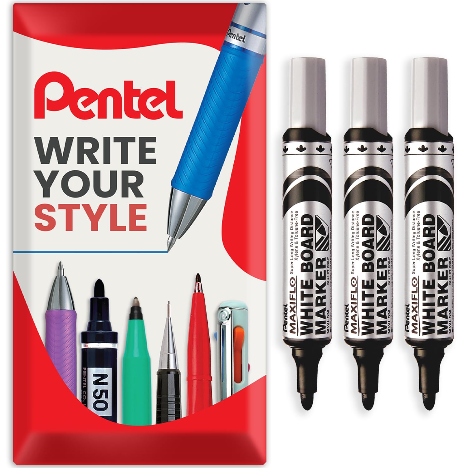 Pentel Maxiflo Whiteboard Marker Pen - Medium Bullet Tip - Black Ink - MWL5M - Pack of 3 Pens in Envelope Gift Packaging