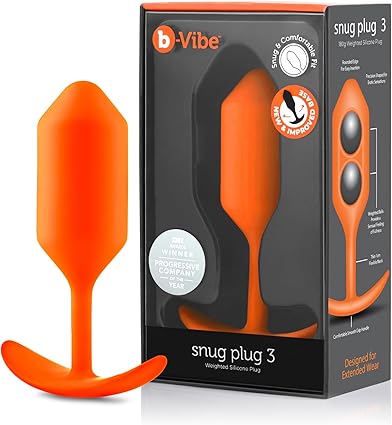 b-Vibe - The Snug Plug 3 - Naranja - Enchufe anal de 180 gramos que cuenta con una base acampanada y bolas pesadas
