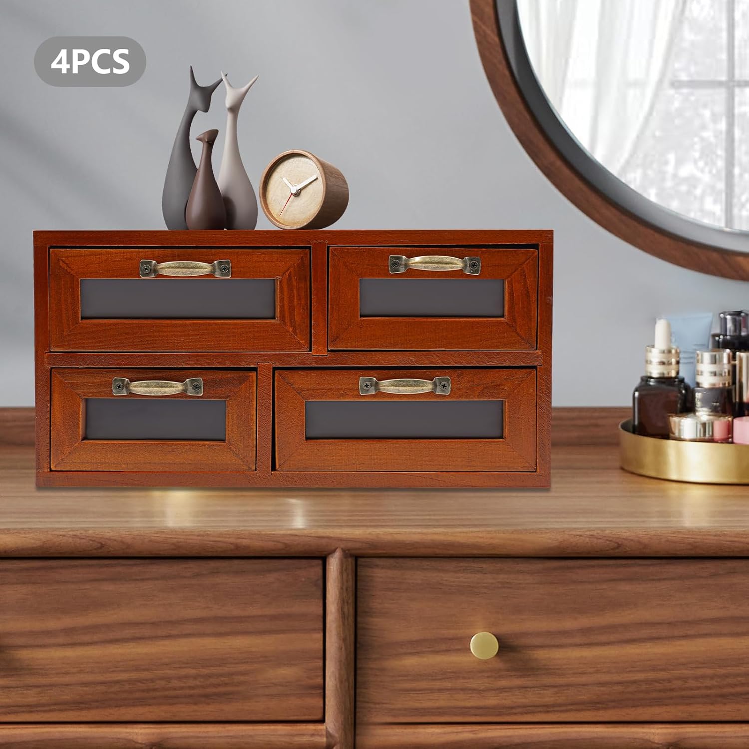16 Drawer Wooden Storage Box, 4ps x 4 Drawers, Multi Drawer Organizer with Handle & Clear Window, Stackable or Standalone