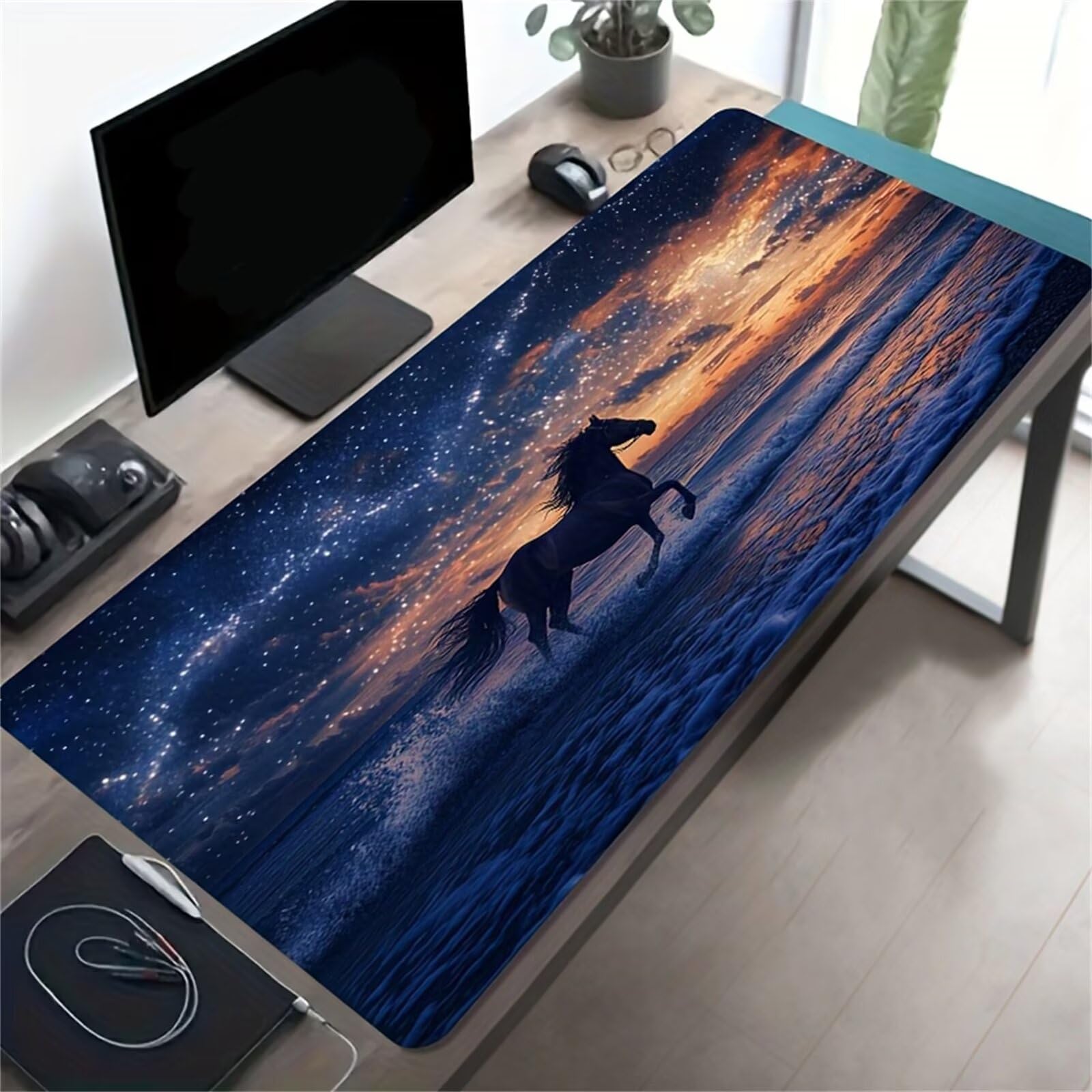 Tappetino per Mouse da Gioco XXL 1200x600x3 mm, Desk Pad Grande con Bordi Cuciti, Base in Gomma Antiscivolo, Accessorio per Ufficio e PC (Animali Cavalli Spiaggia)