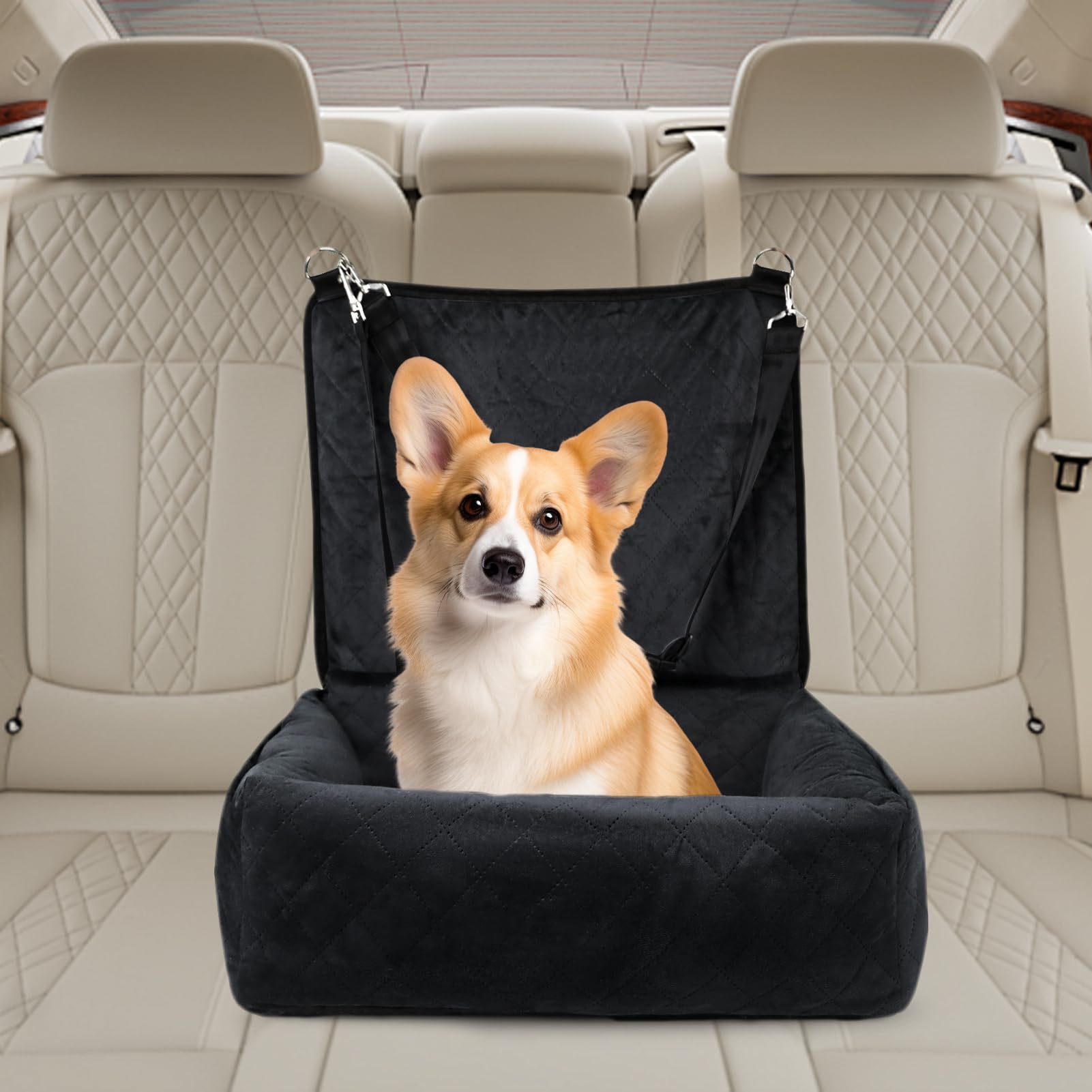 Seggiolino auto per cani – Ventilato 2 tasche laterali | sedile per animali domestici, cuscino di sicurezza per cuccioli – per sedile anteriore e posteriore, viaggi su strada, viaggi