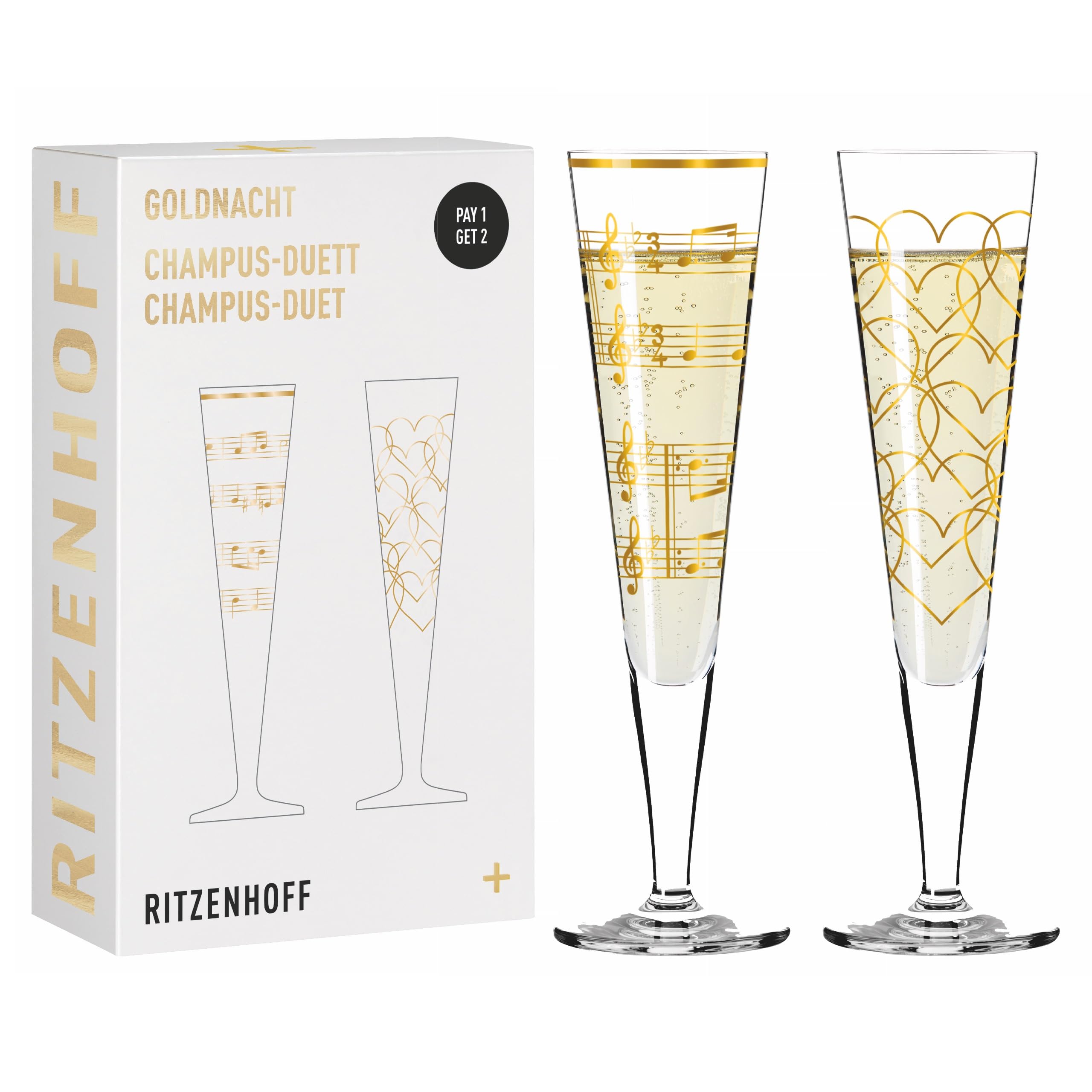 6031006 Champagne Glass 200 ml - Goldnacht Duett Best of 2022 Series, Pack of 2 with Real Gold - Made in Germany