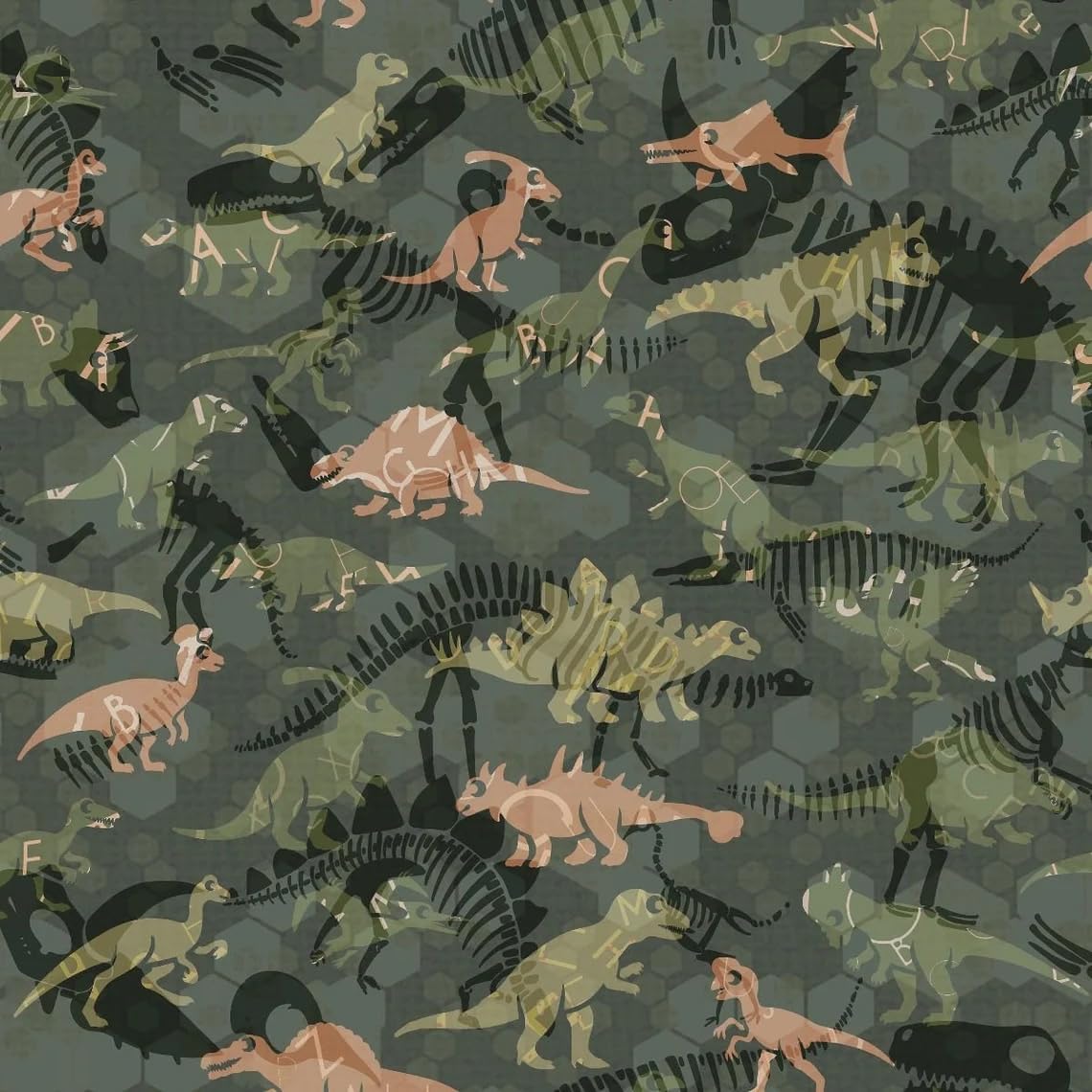 Dinosaur Bones Design 100% Cotton Quilting Fabric by The Yard (Army Green, Melon, Navy)