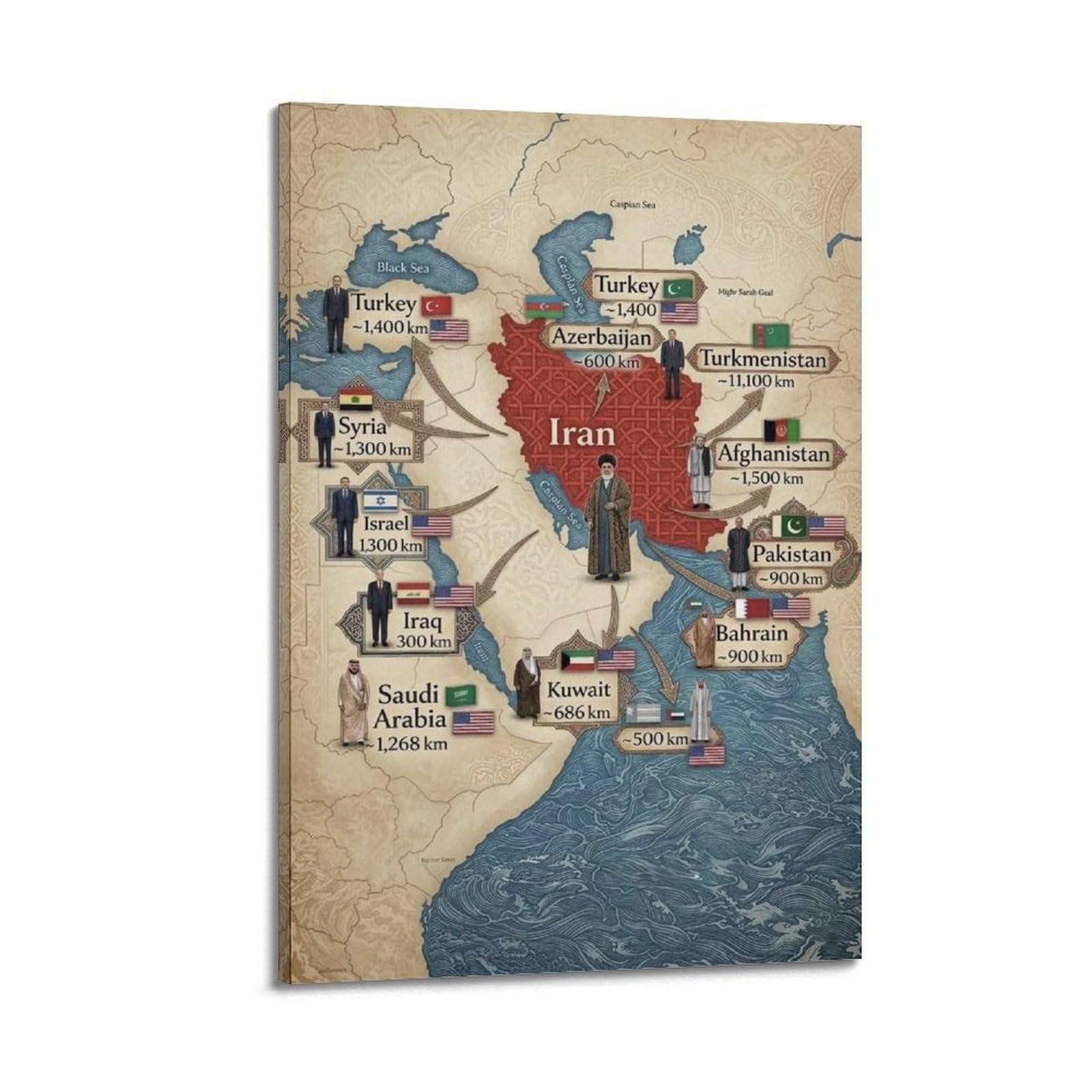 ESTE Iran Map Poster Neighboring Country Geography Decorative Painting Canvas Modern Art Picture 24x36inch(60x90cm)