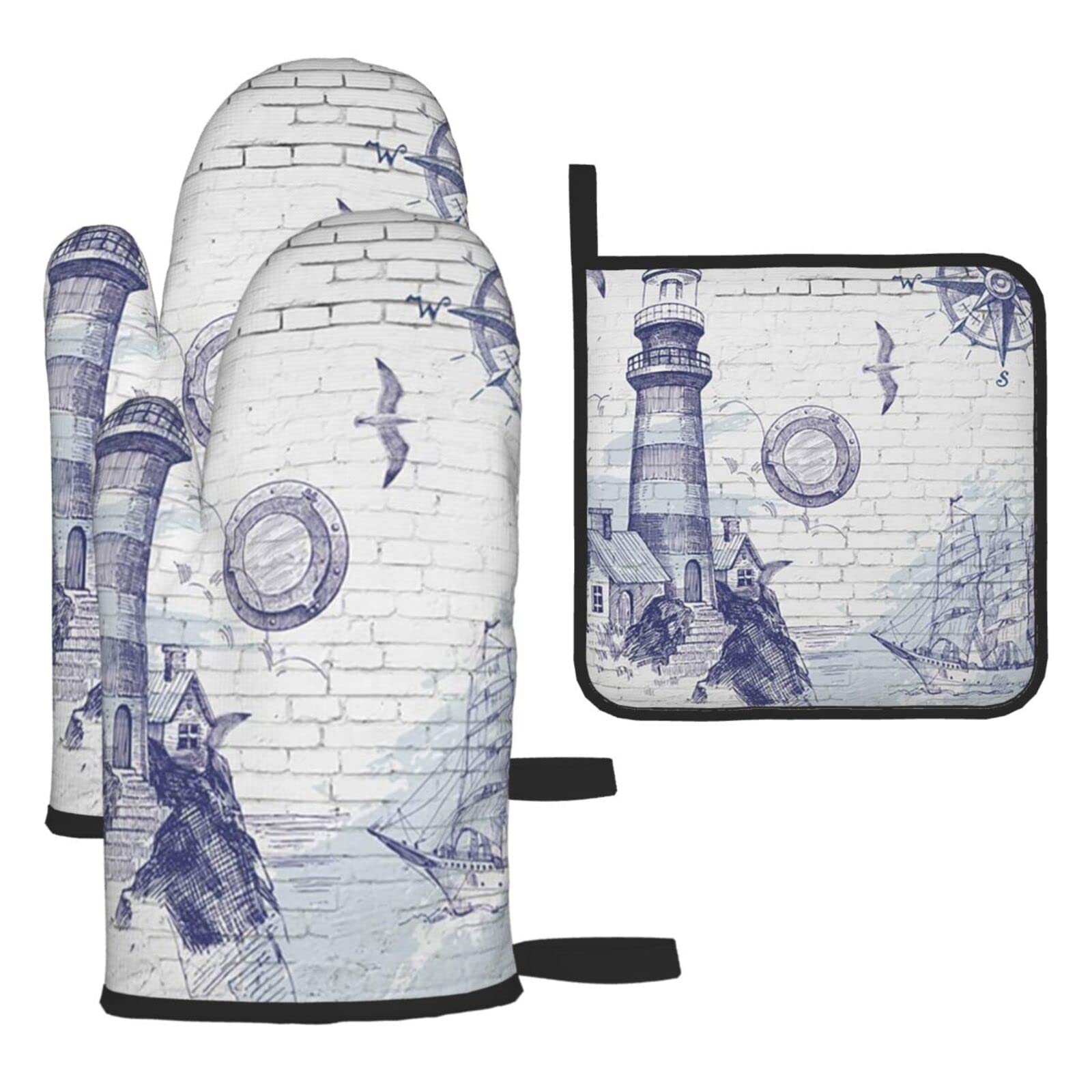 Sail Boat Nautical Compass Printed Kitchen Baking Three-Piece Heat-Resistant Thick Cotton Oven Gloves for Cooking and Baking.