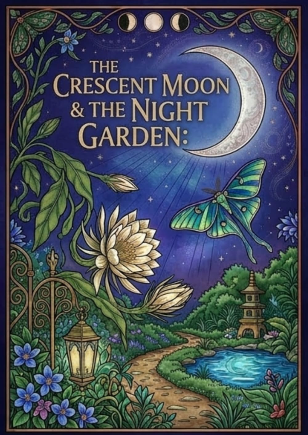 Crescent Moon and Night Garden: Moonflowers blooming in the moonlight and night butterflies.