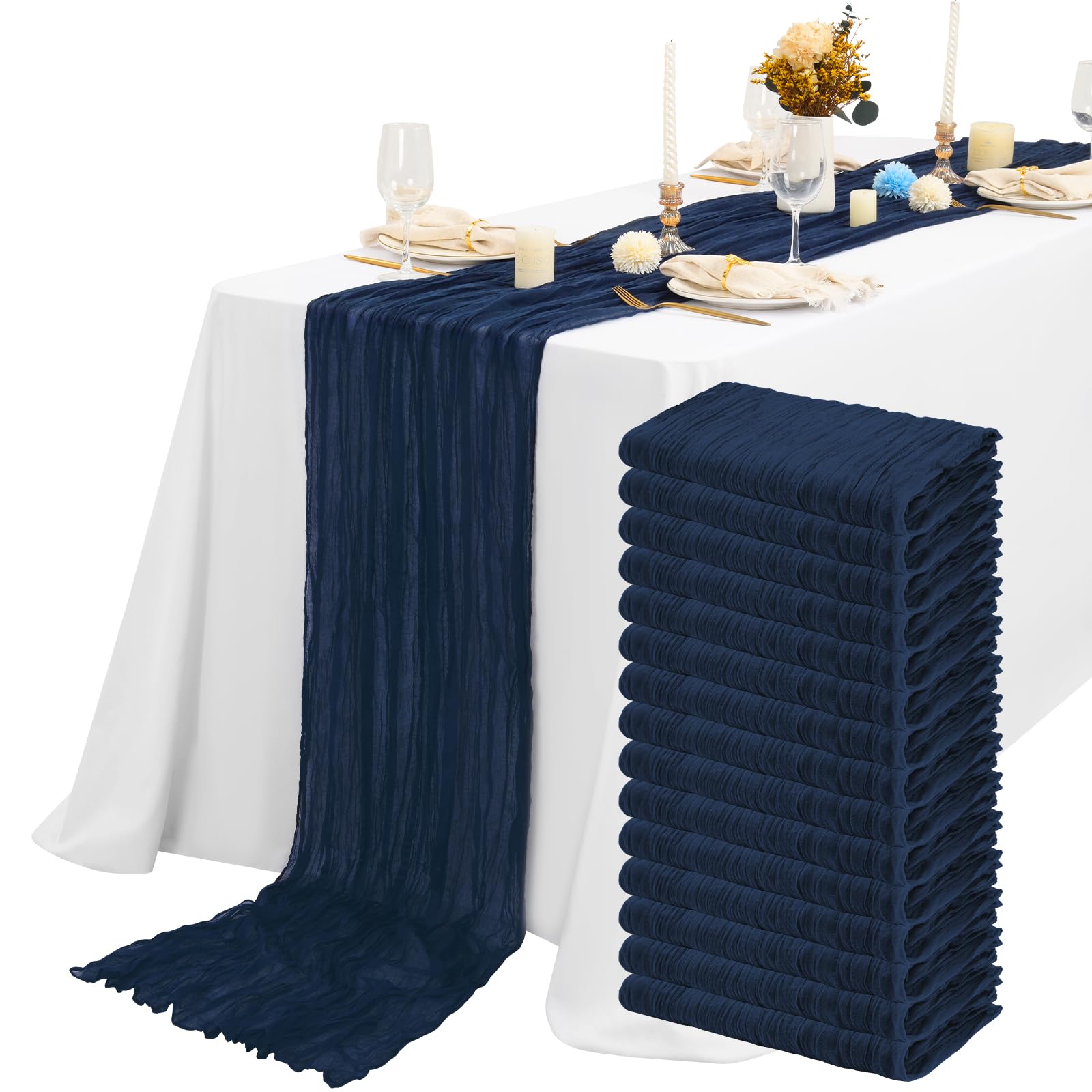 15 Packs Cheesecloth Table Runner Navy Blue Semi-Sheer Table Runner 55x300cm, Dark Blue Rustic Gauze Boho Table Runner, Wedding Table Decor Table Cloth for Bridal Shower Party Wedding Holiday